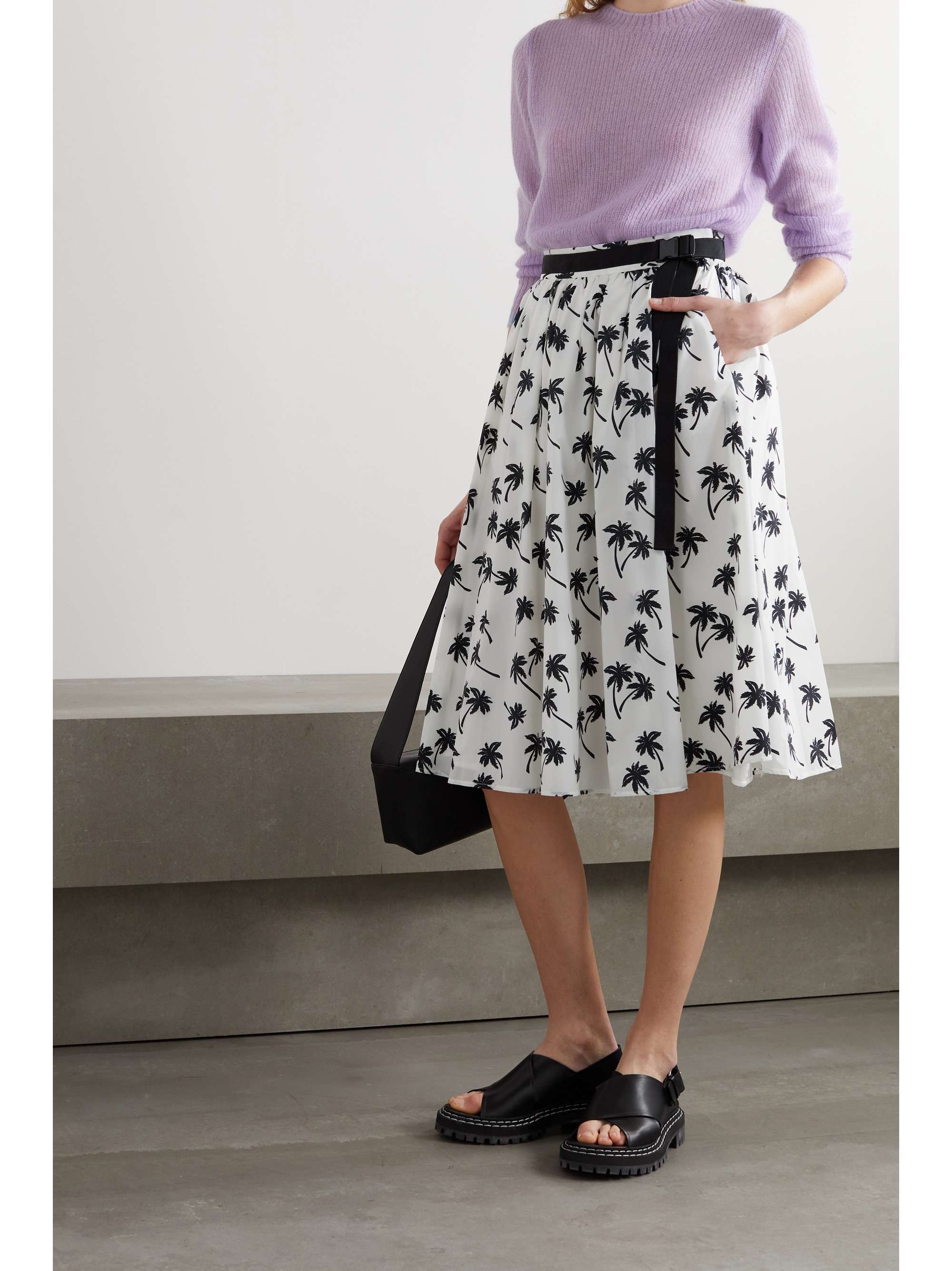 MONCLER Belted pleated printed shell skirt