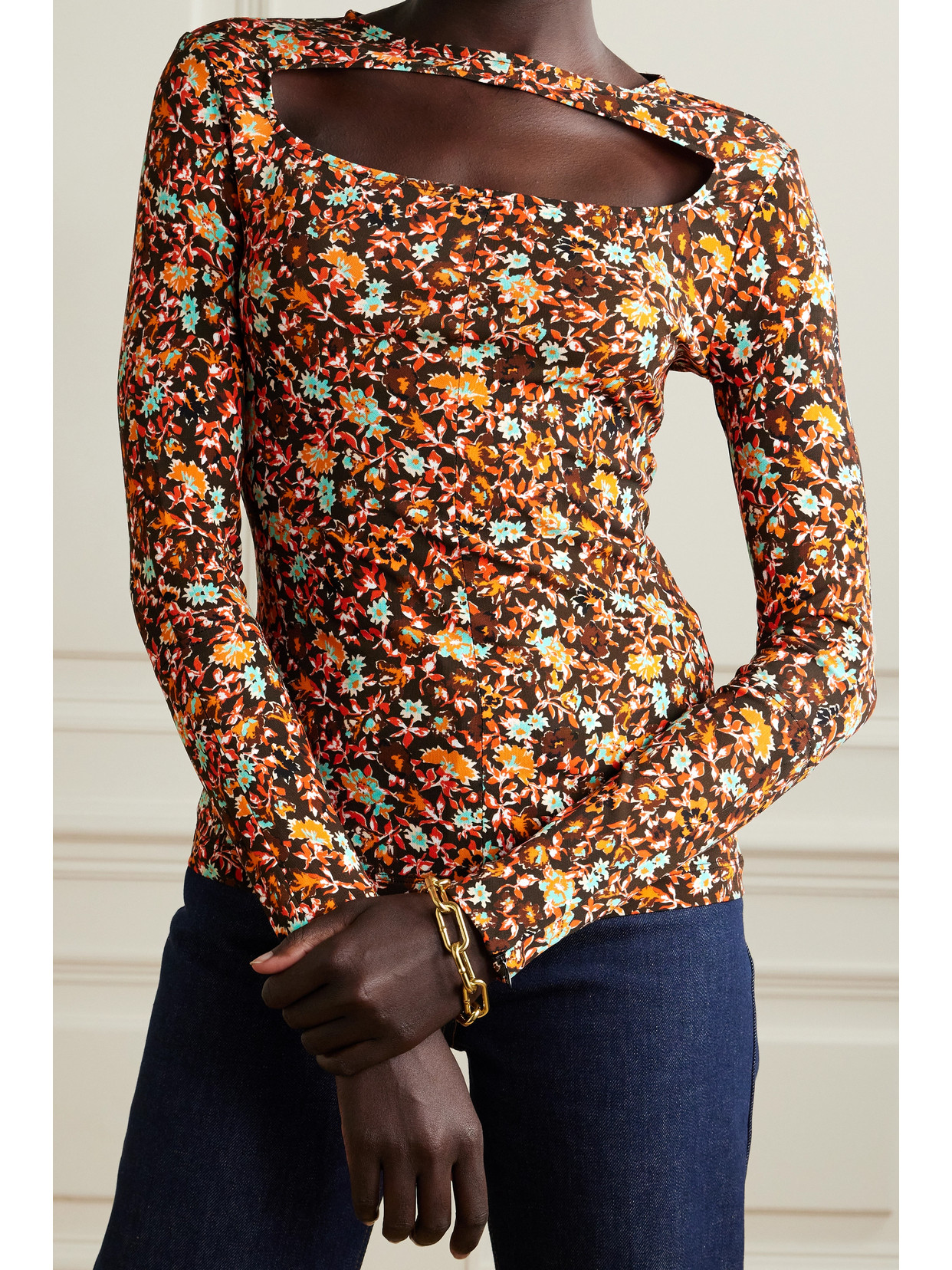 Cutout Floral-Print Jersey Top