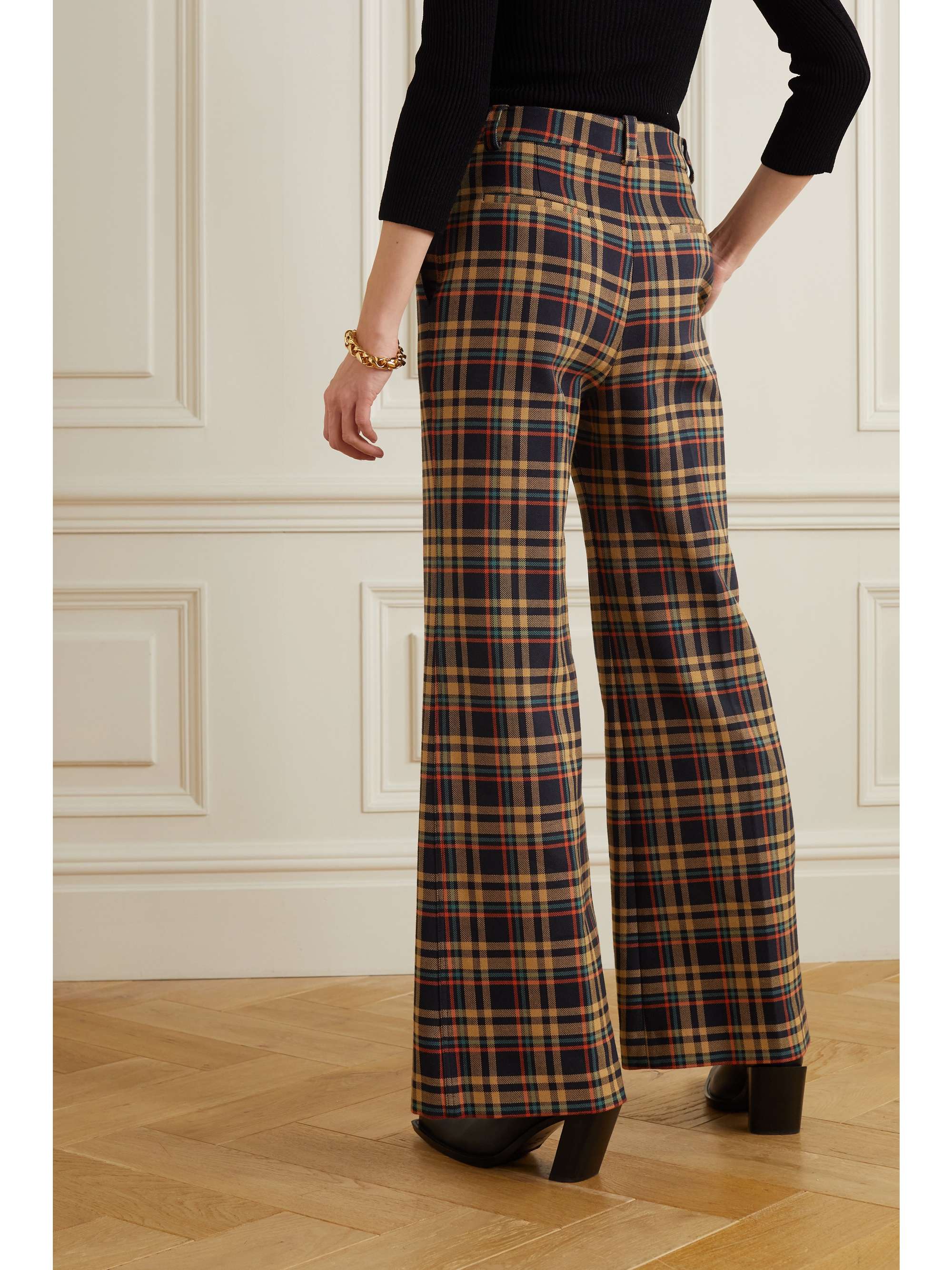 Navy Checked cotton flared pants 