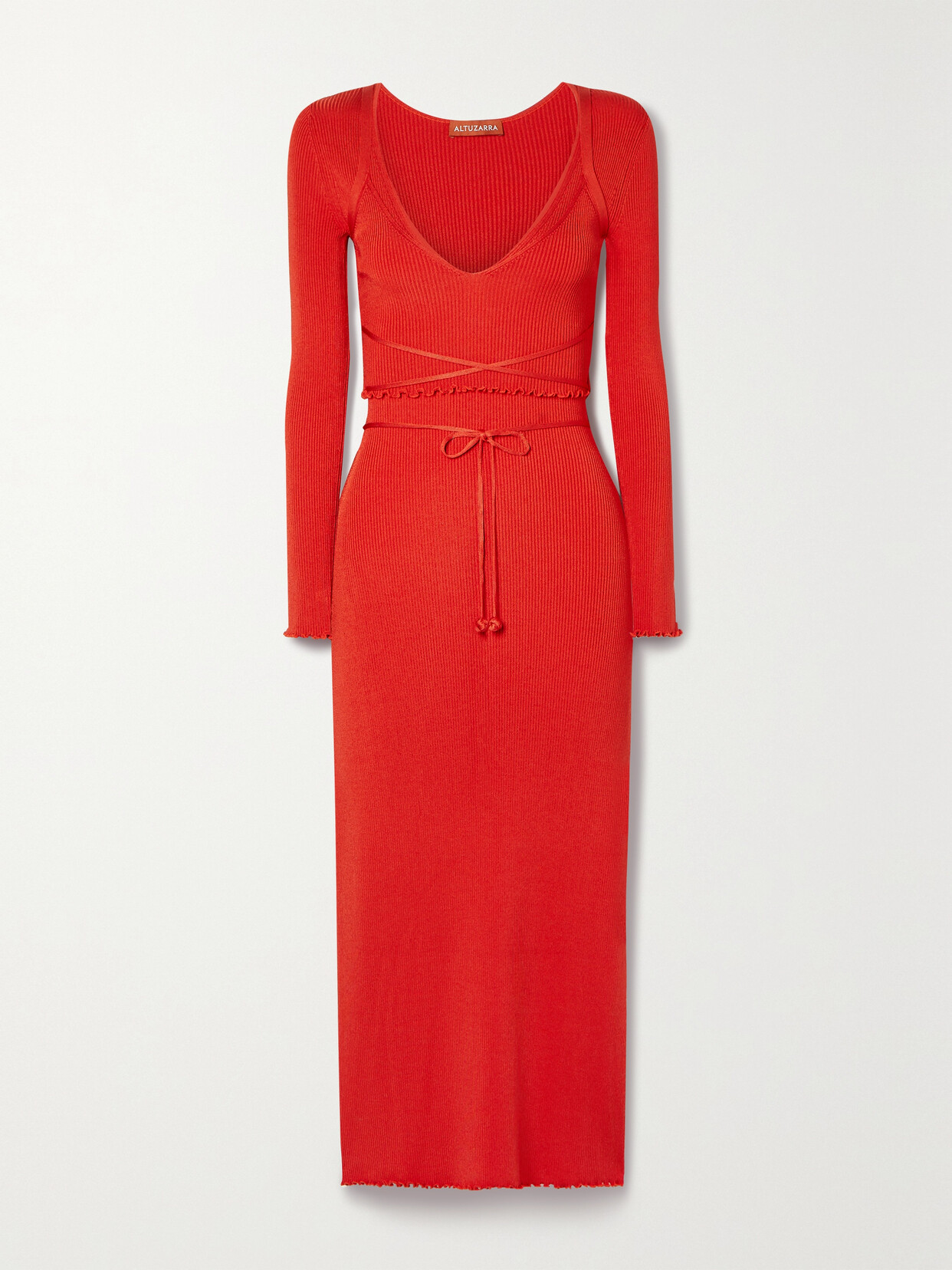 Shop Altuzarra Damali Layered Belted Ribbed-knit Midi Dress In Red