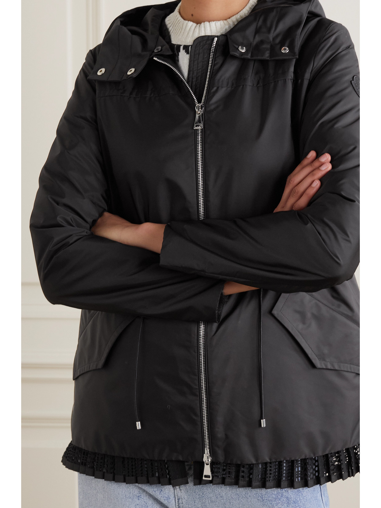 MONCLER BAABA CROCHETED LACE-TRIMMED SHELL PARKA 