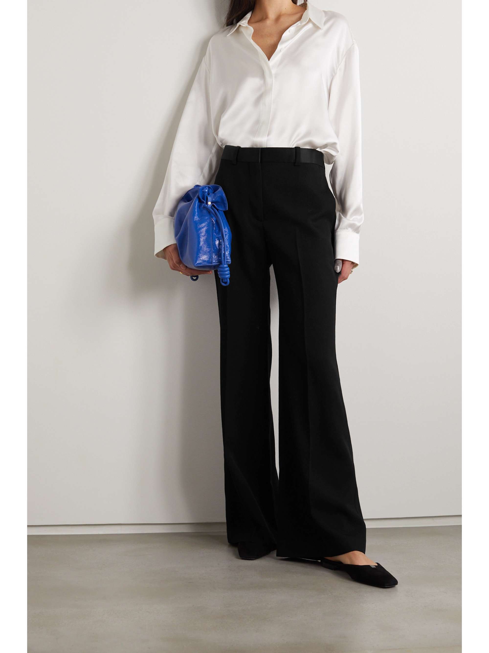Black Satin-trimmed wool-twill flared 