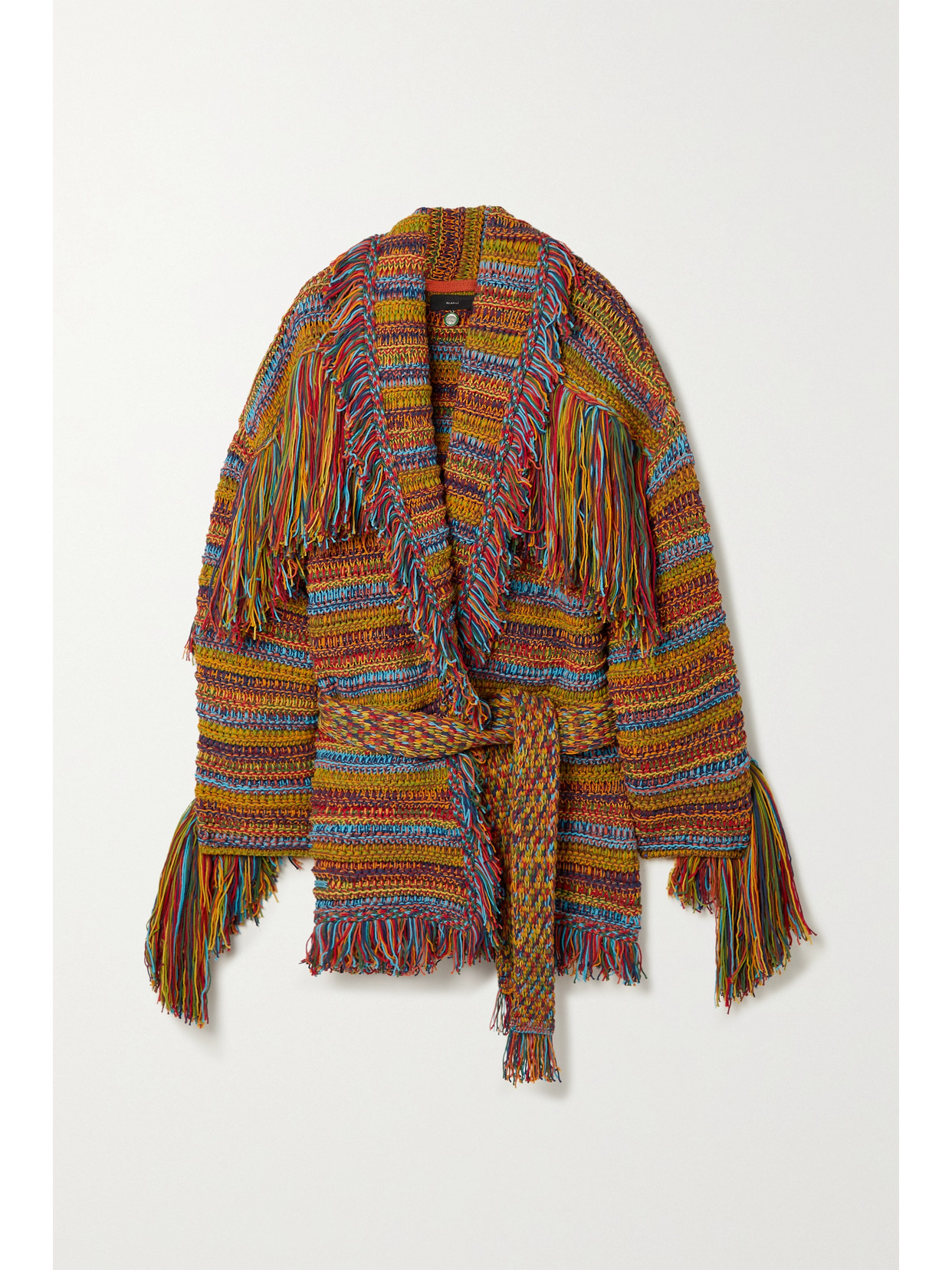Alanui Fringed Belted Striped Cotton-blend Cardigan - Yellow