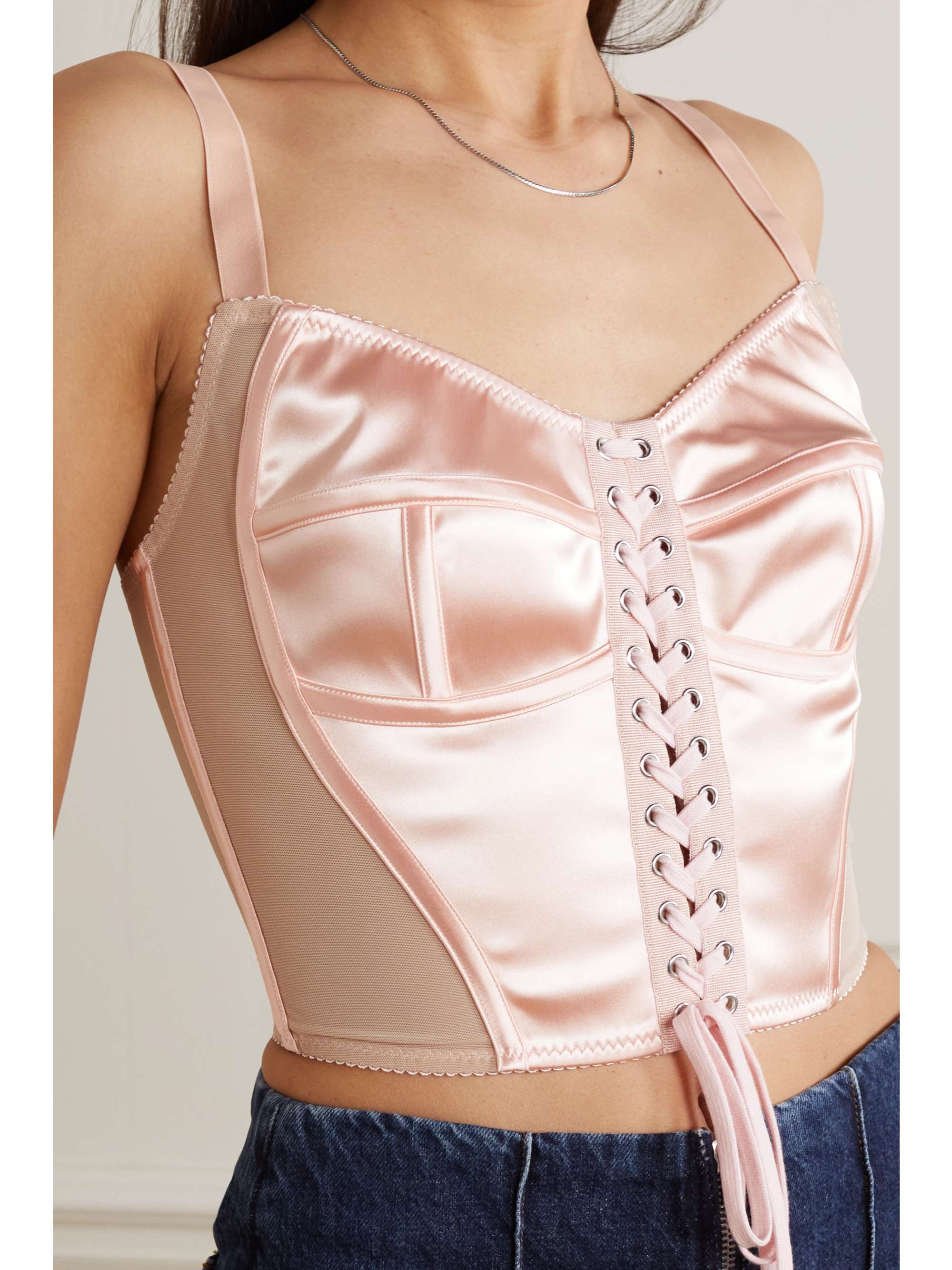 DOLCE&GABBANA Lace-up satin and mesh bustier top