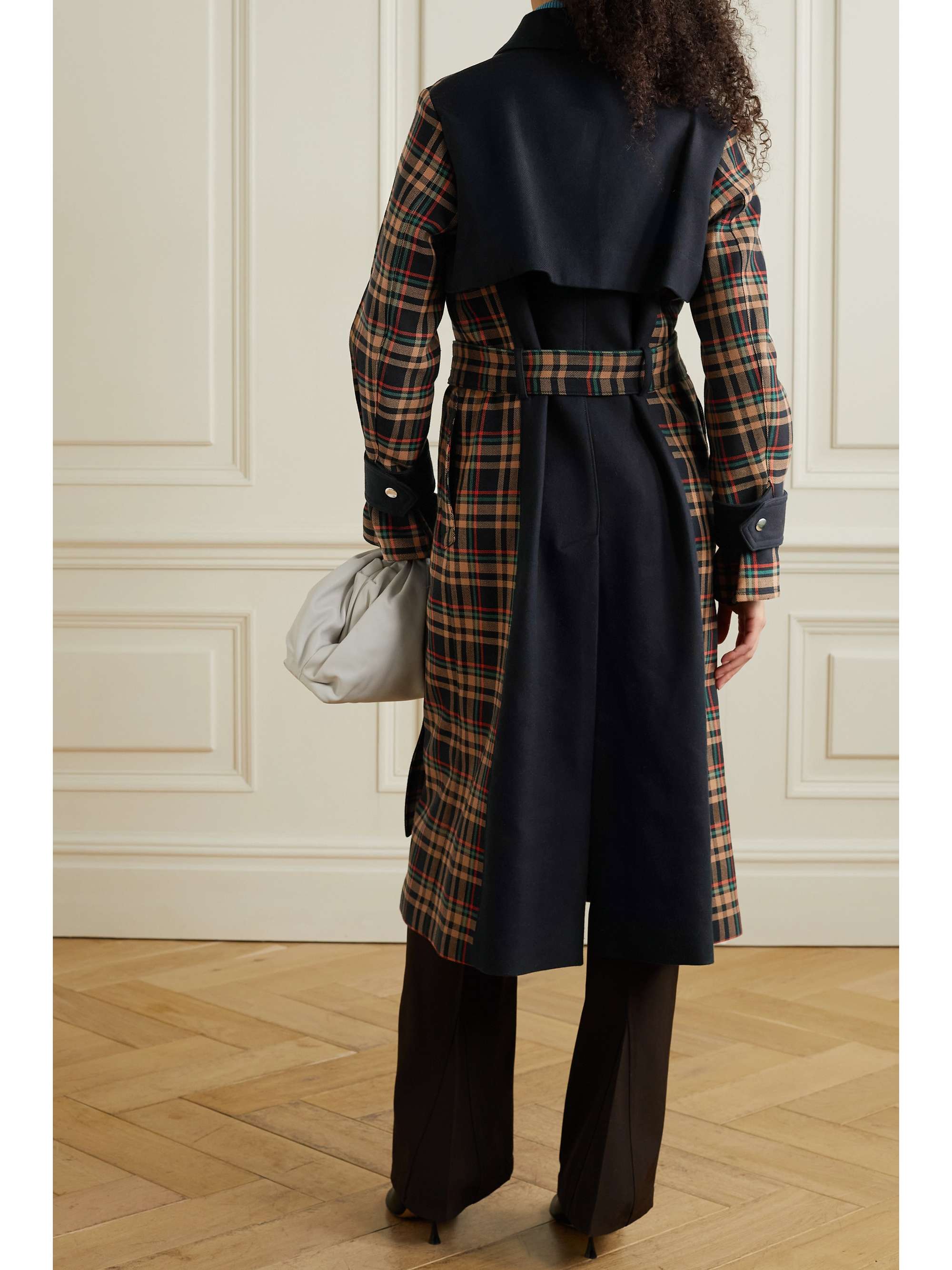 VICTORIA BECKHAM Belted paneled checked grain de poudre cotton trench coat