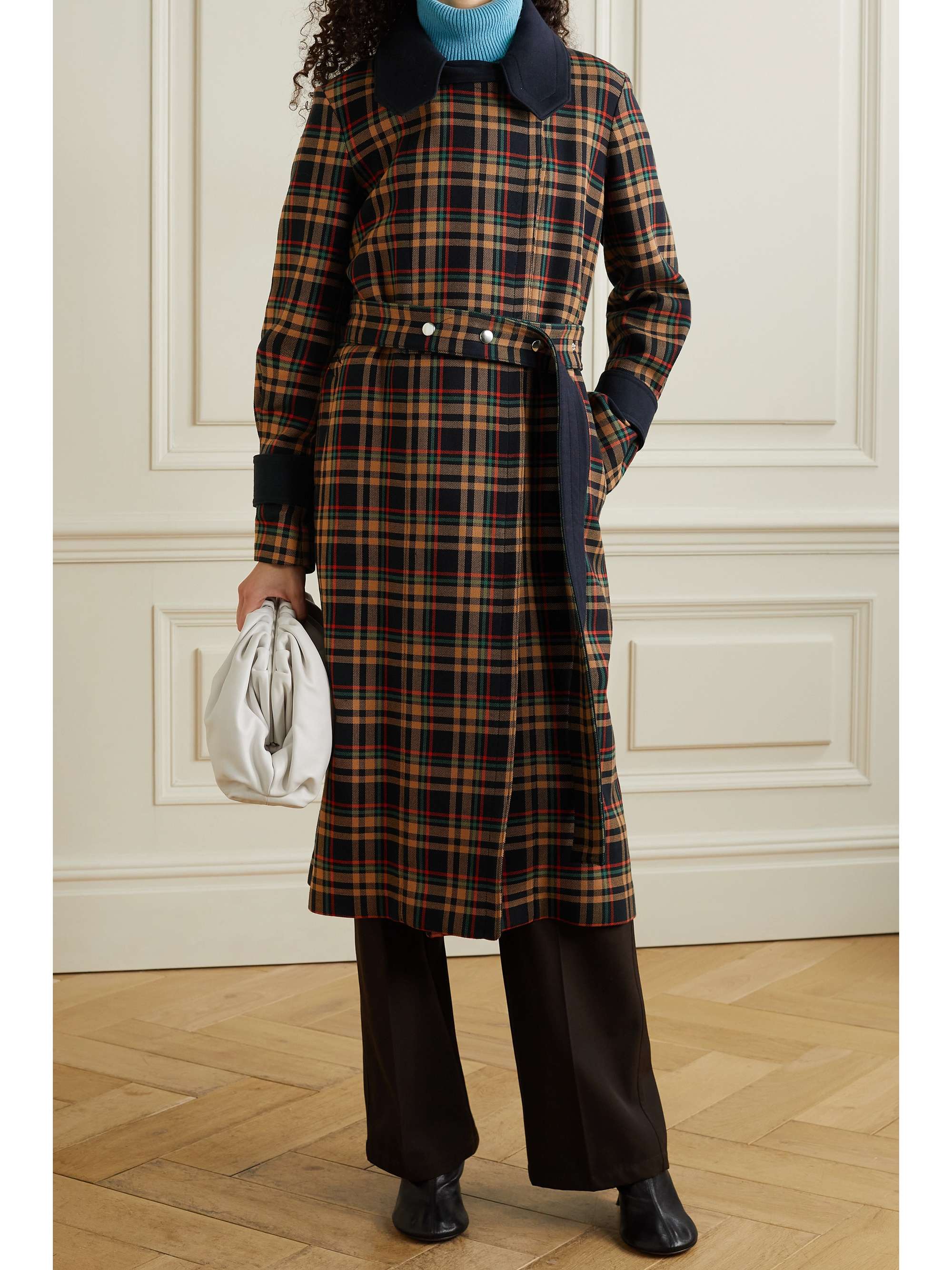 VICTORIA BECKHAM Belted paneled checked grain de poudre cotton trench coat