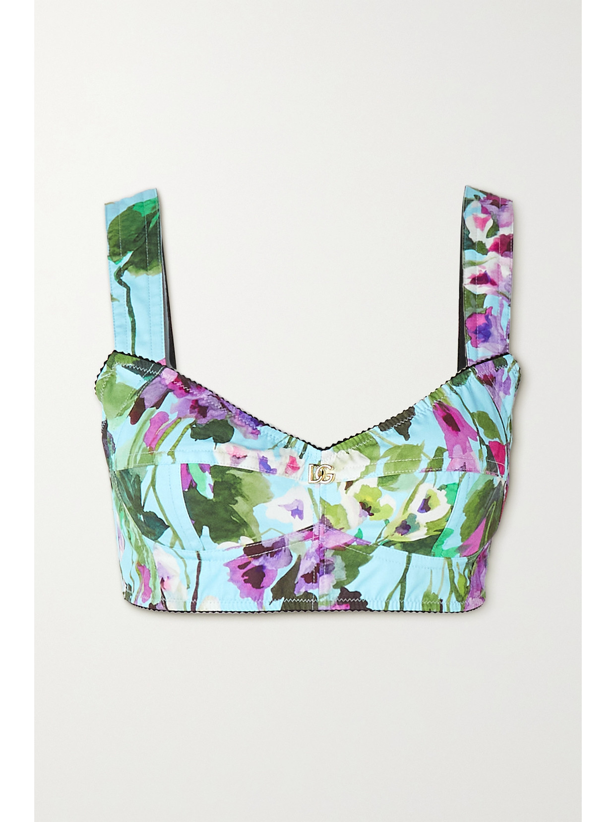 Shop Dolce & Gabbana Floral-print Cotton-blend Poplin Bustier Top In Green