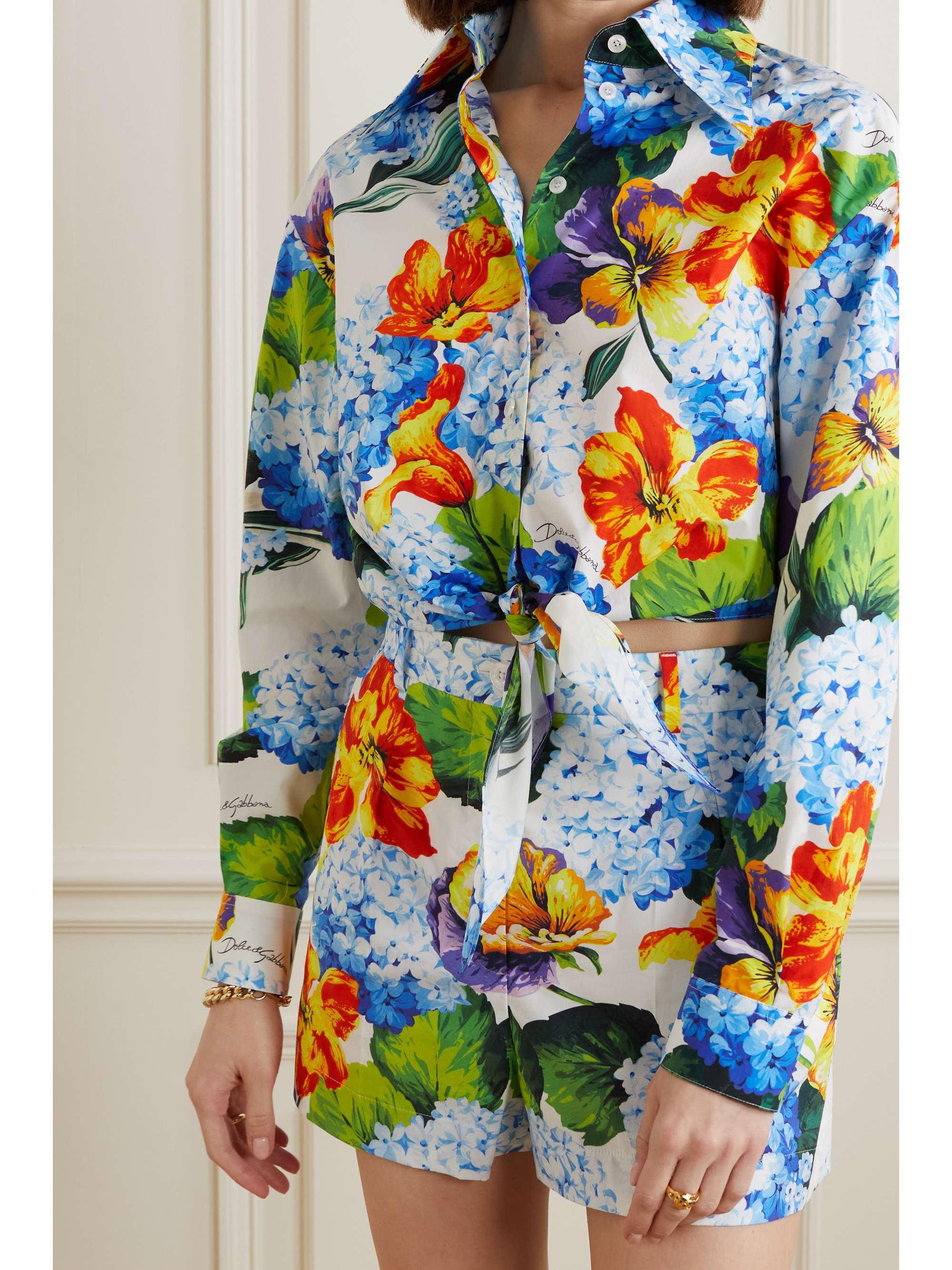 Turquoise Cropped floral-print cotton 