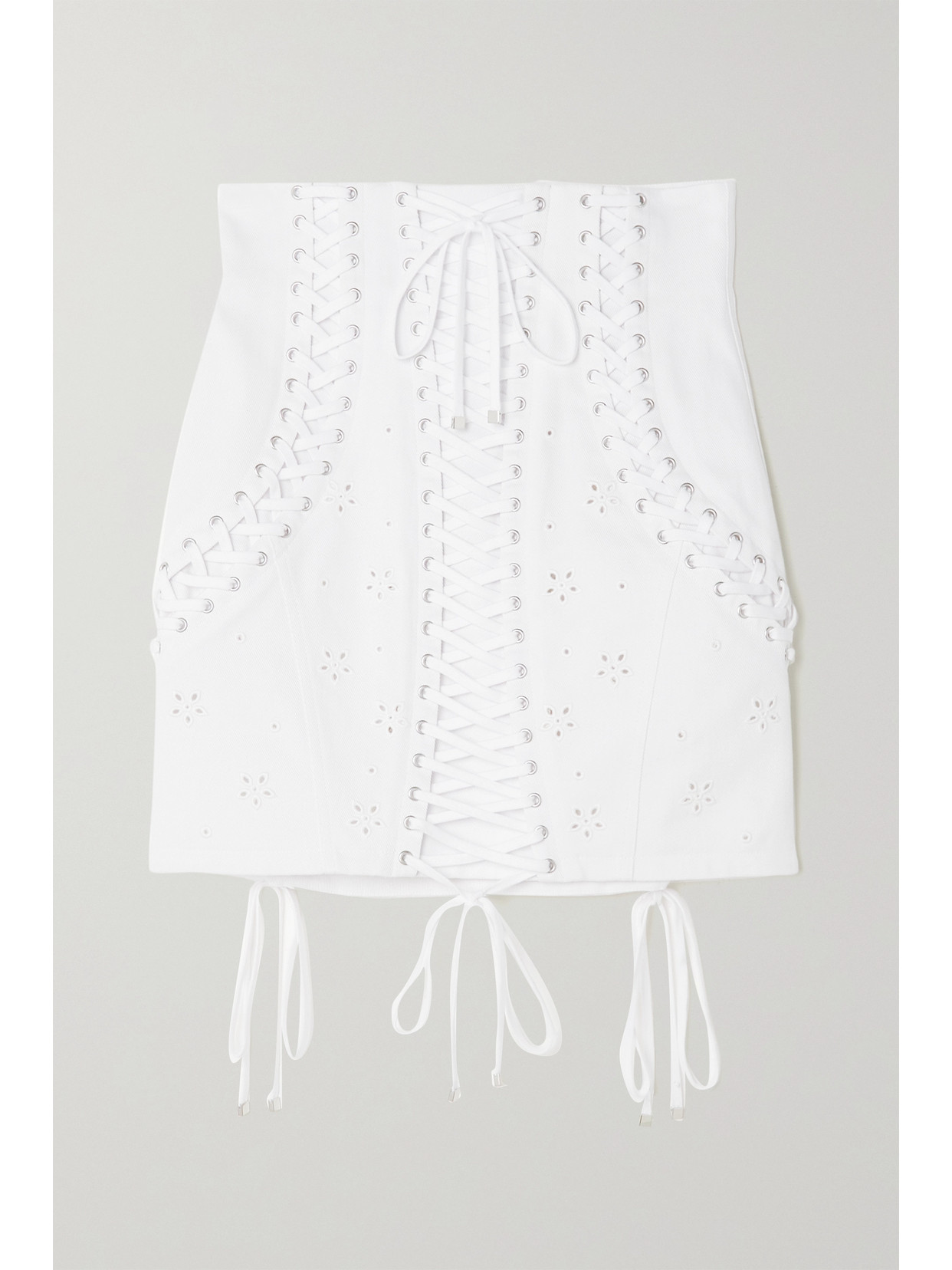 Dolce & Gabbana Lace-up Broderie Anglaise Denim Mini Skirt In White