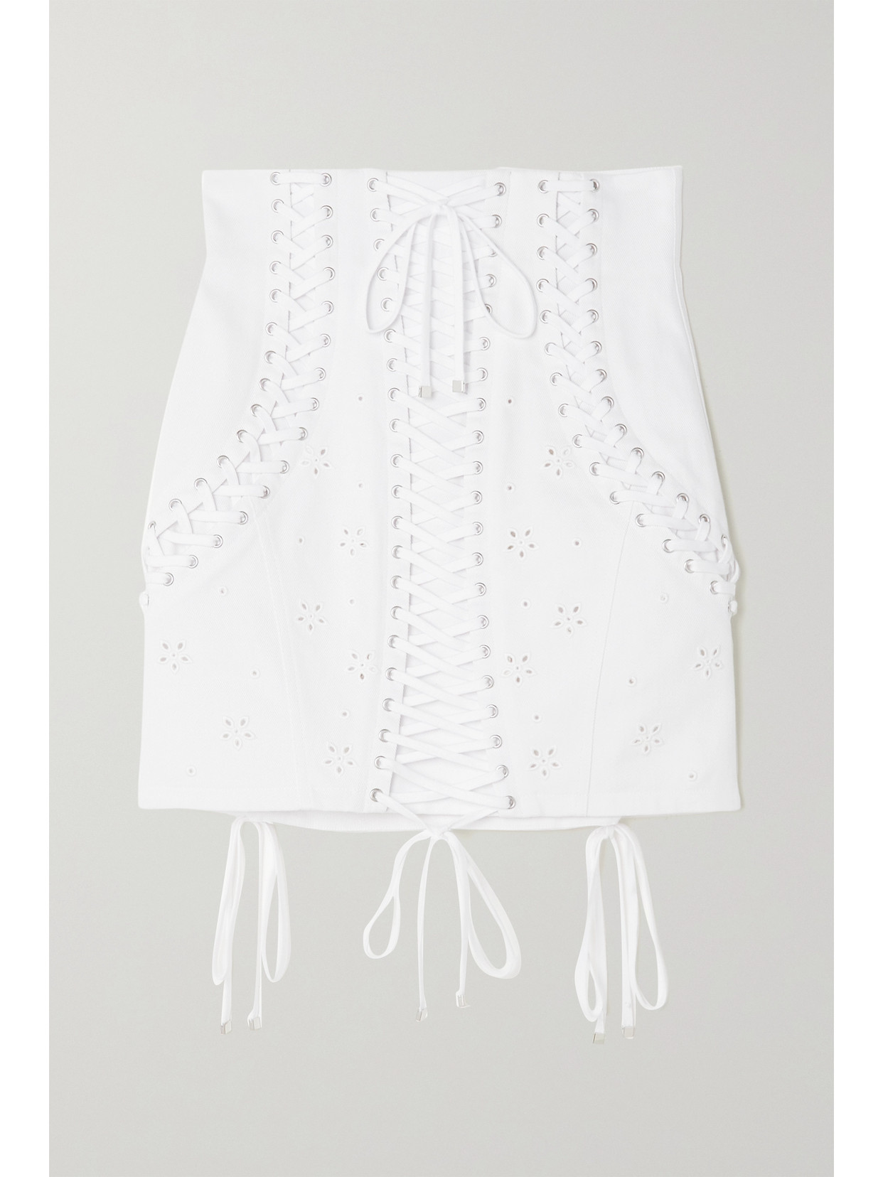 DOLCE & GABBANA LACE-UP BRODERIE ANGLAISE DENIM MINI SKIRT