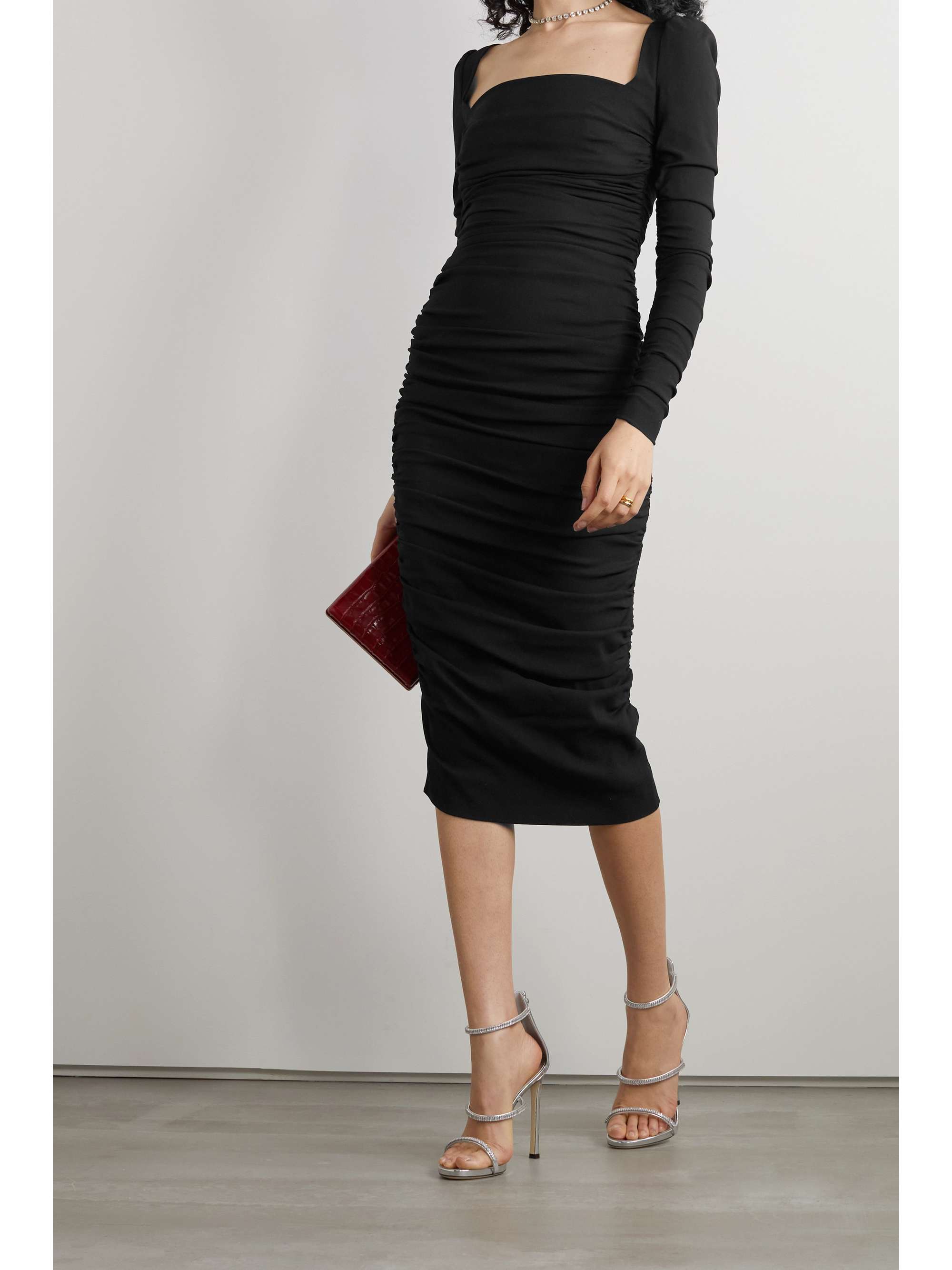 Black Ruched stretch-jersey midi dress ...