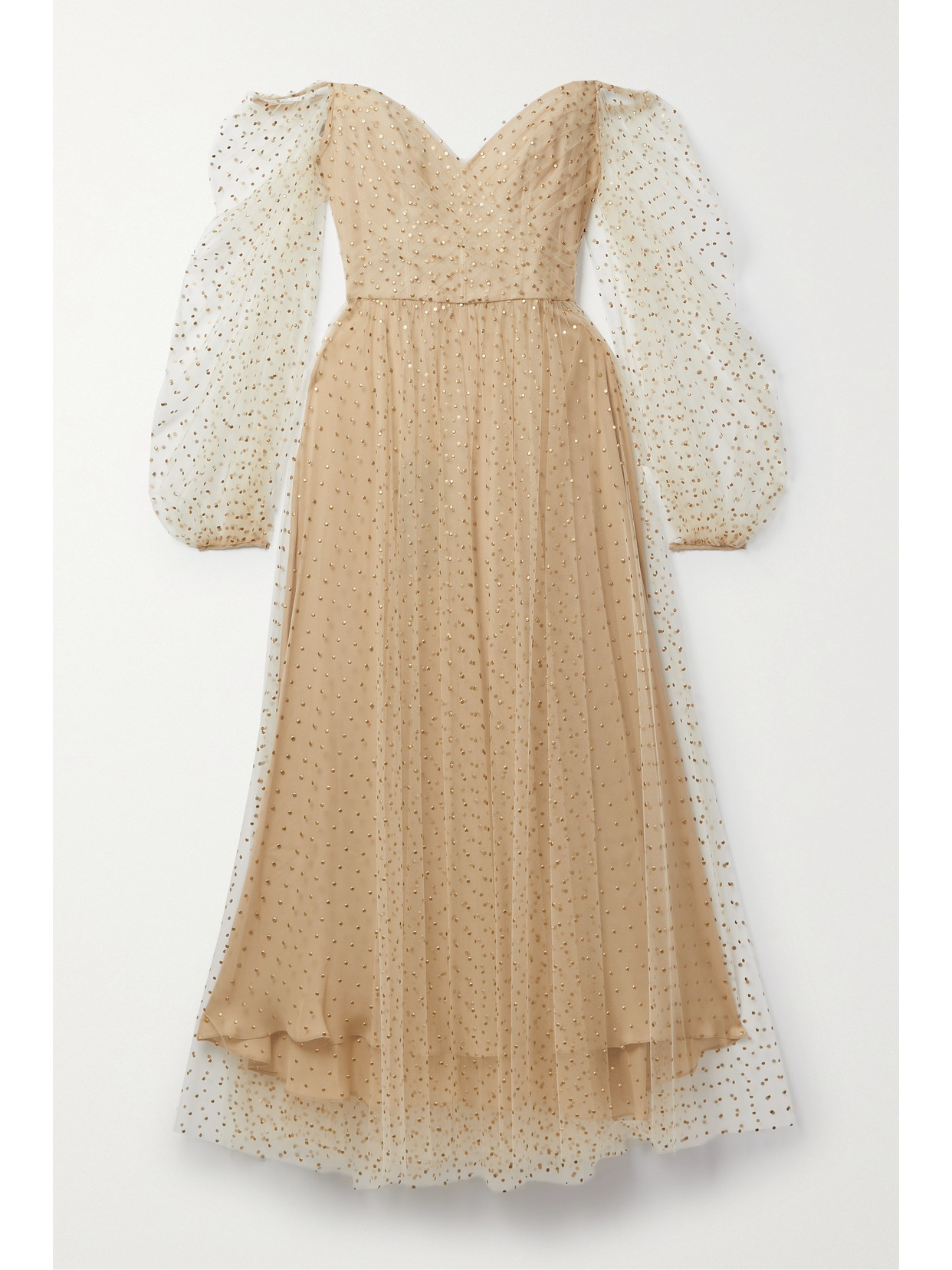 Monique Lhuillier Polka-dot Off-the-shoulder Puff-sleeve Midi Dress In Champagne/gold