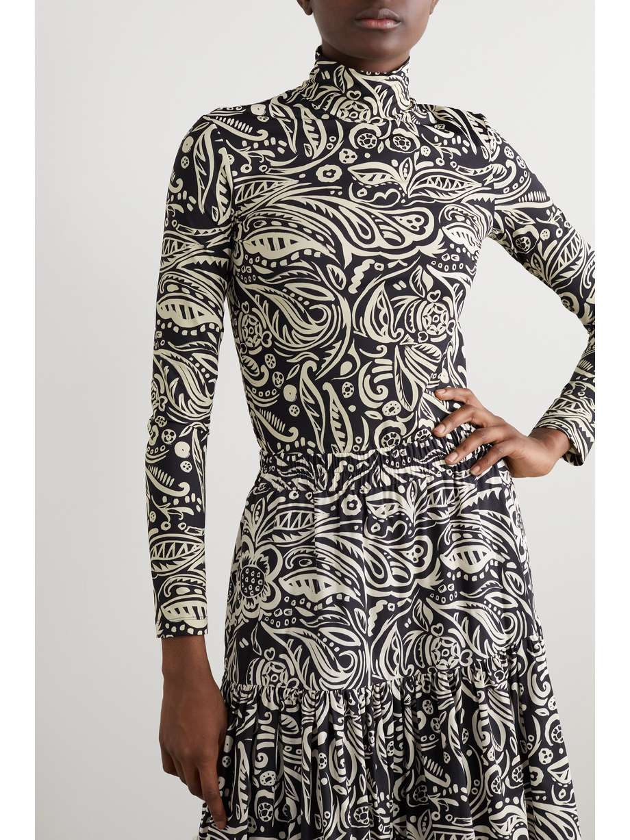 La DoubleJ turtleneck made from black and off-white stretch-jersey printed with swirling florals and paisley.