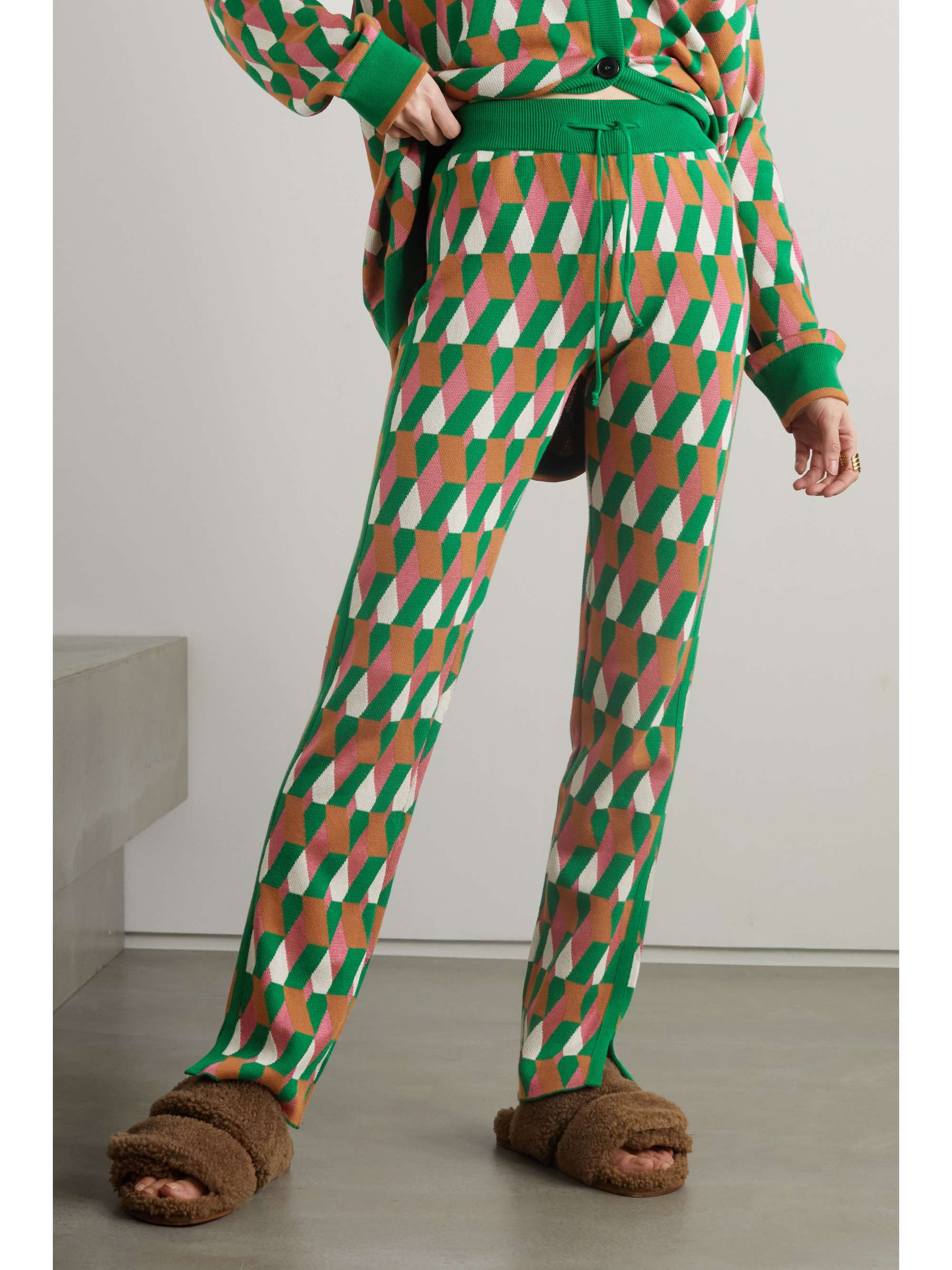 Jacquard-knit cotton-blend straight-leg pants