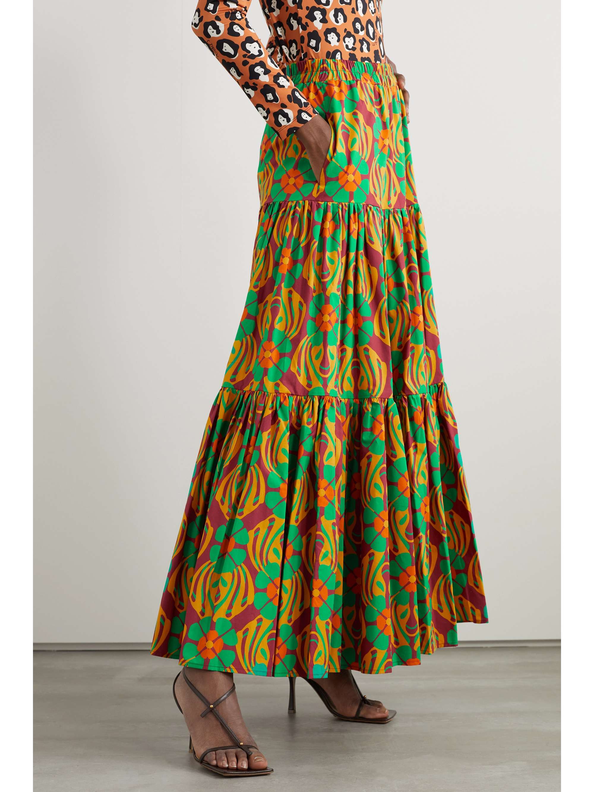 LA DOUBLEJ Big tiered printed cotton-poplin maxi skirt