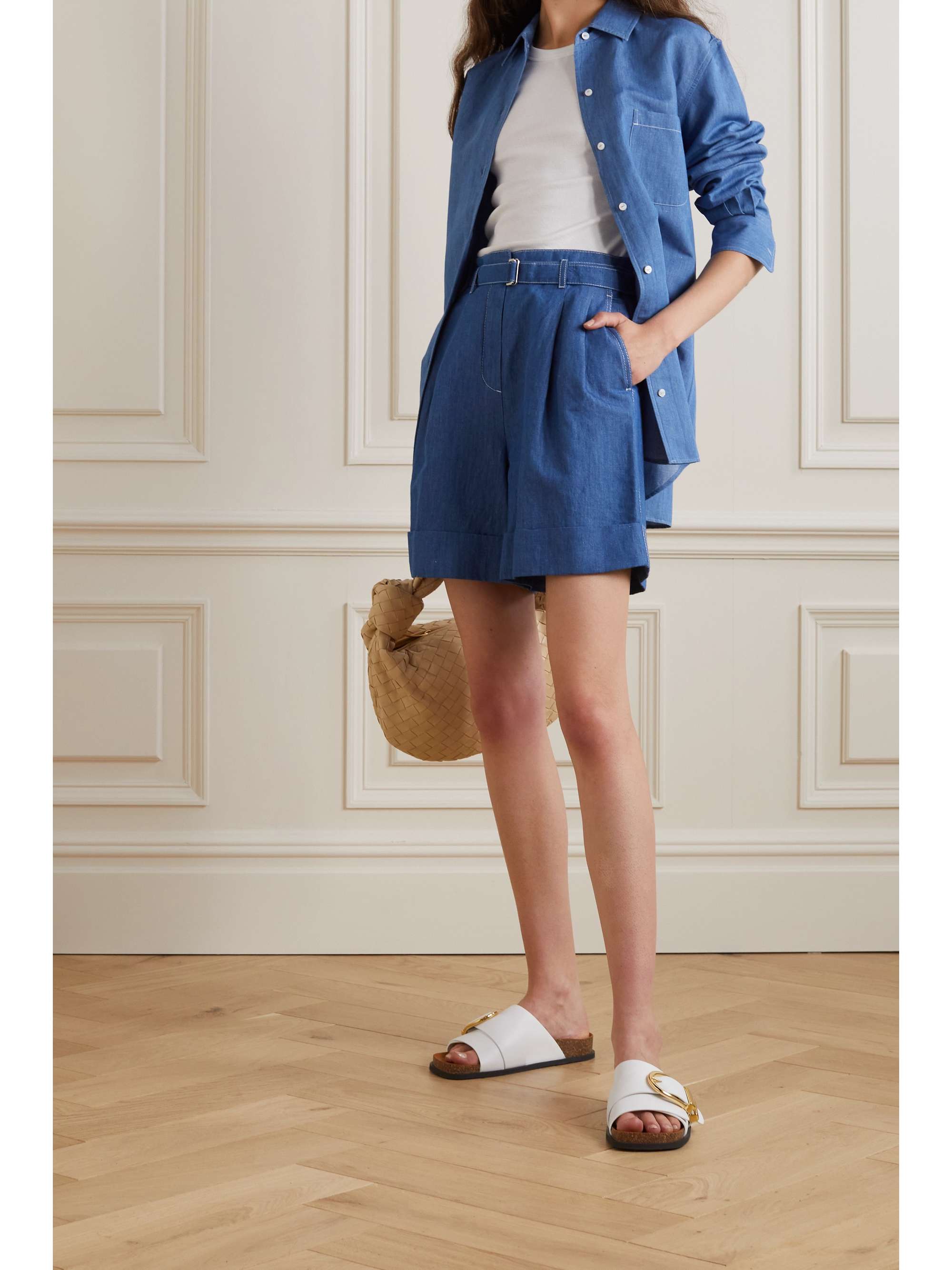 Belted pleated cotton and linen-blend 