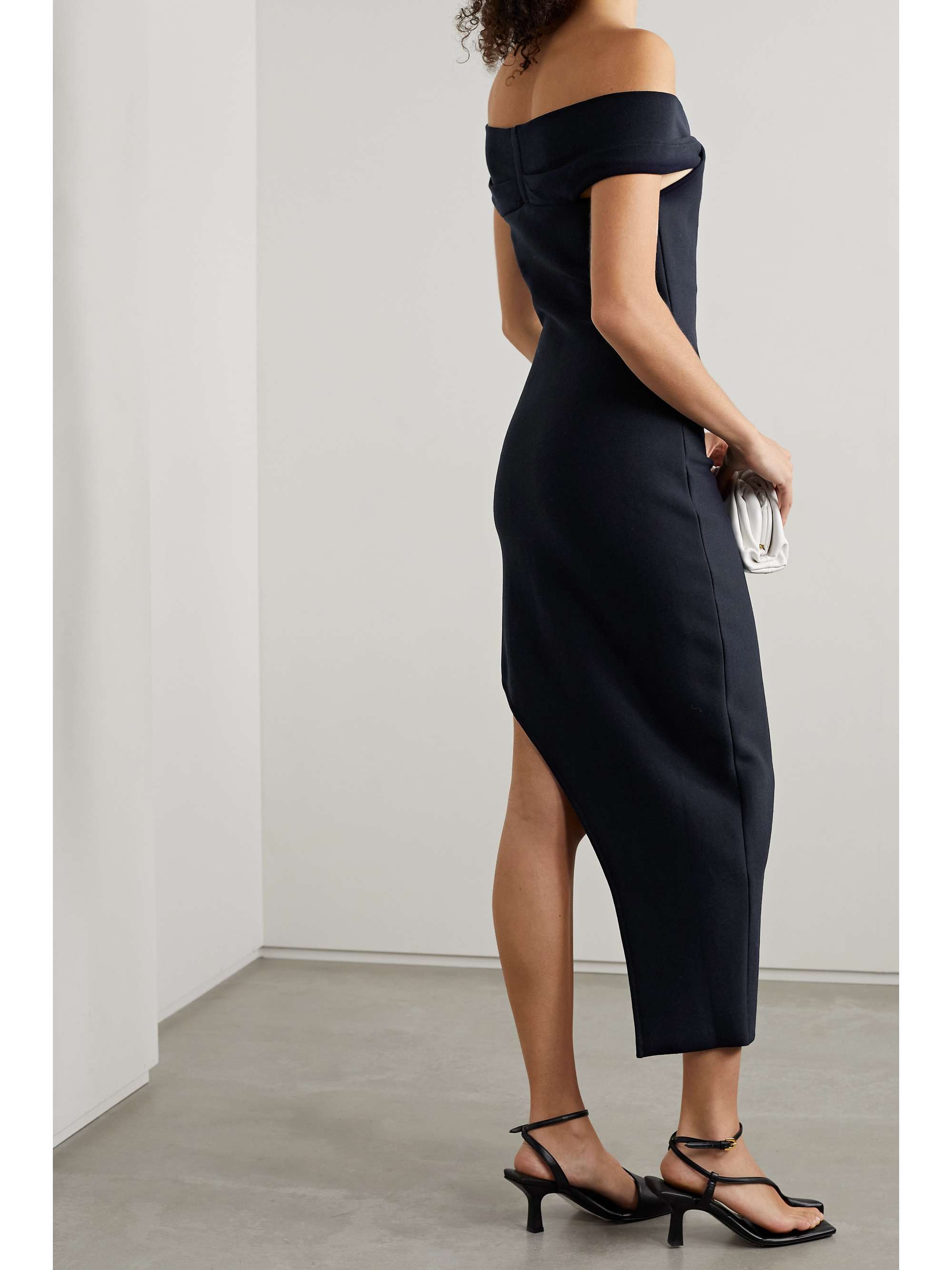 SAFIYAA Nouvia asymmetric off-the-shoulder stretch-ponte midi dress