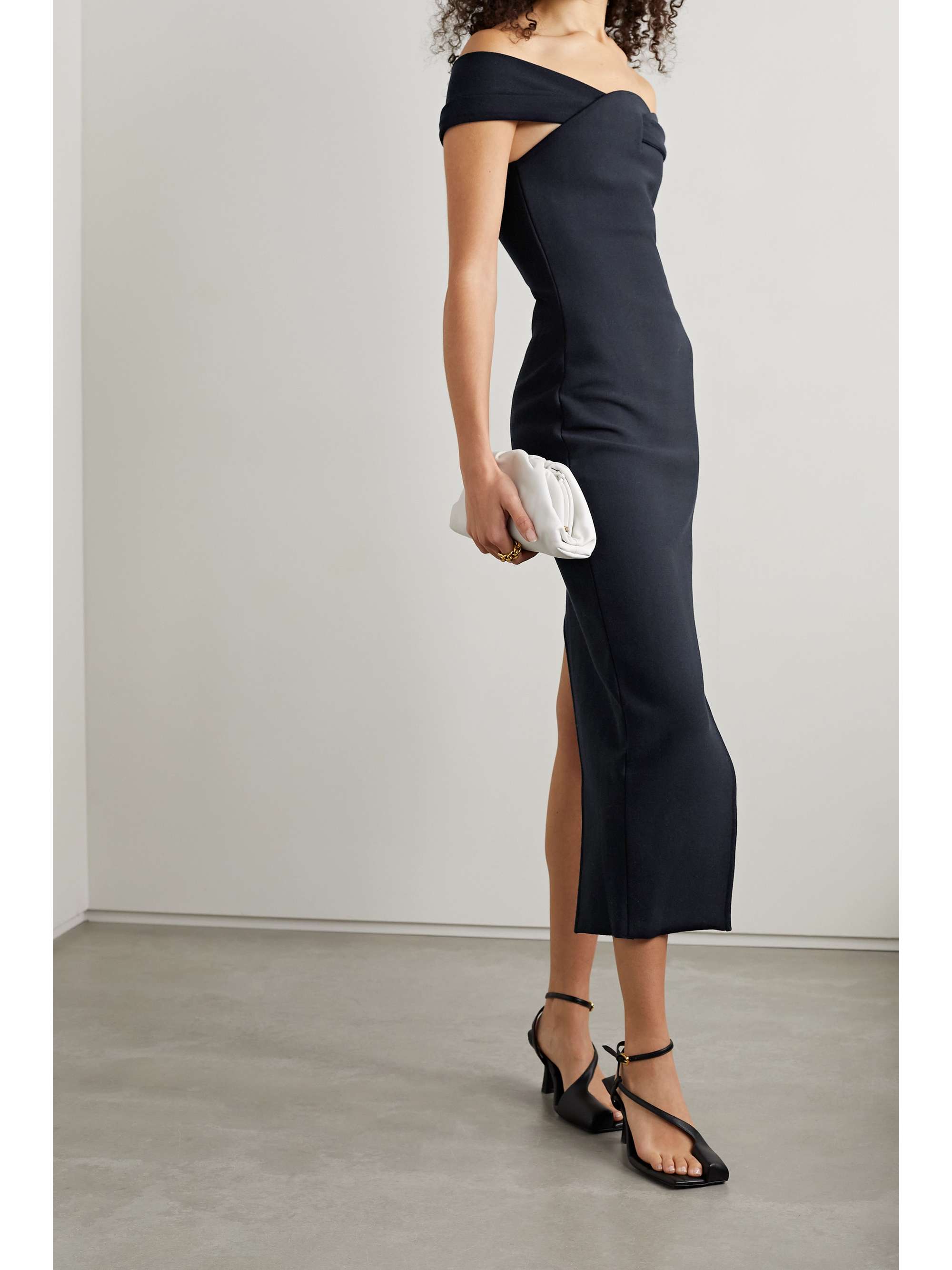 SAFIYAA Nouvia asymmetric off-the-shoulder stretch-ponte midi dress