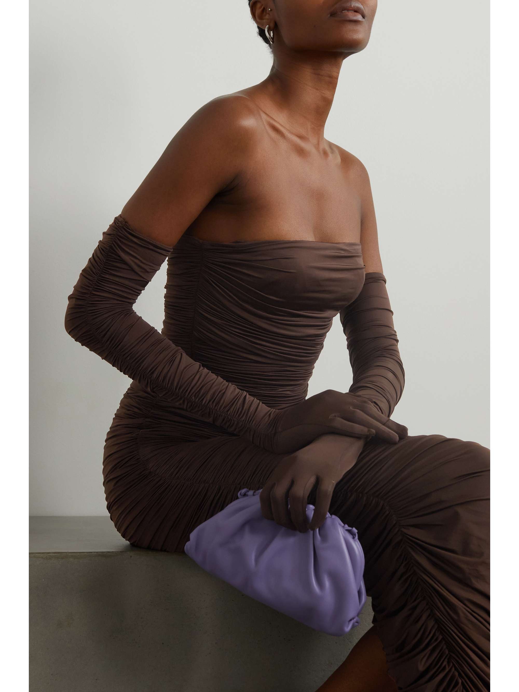ALEX PERRY Huntley strapless ruched stretch-jersey gown with gloves