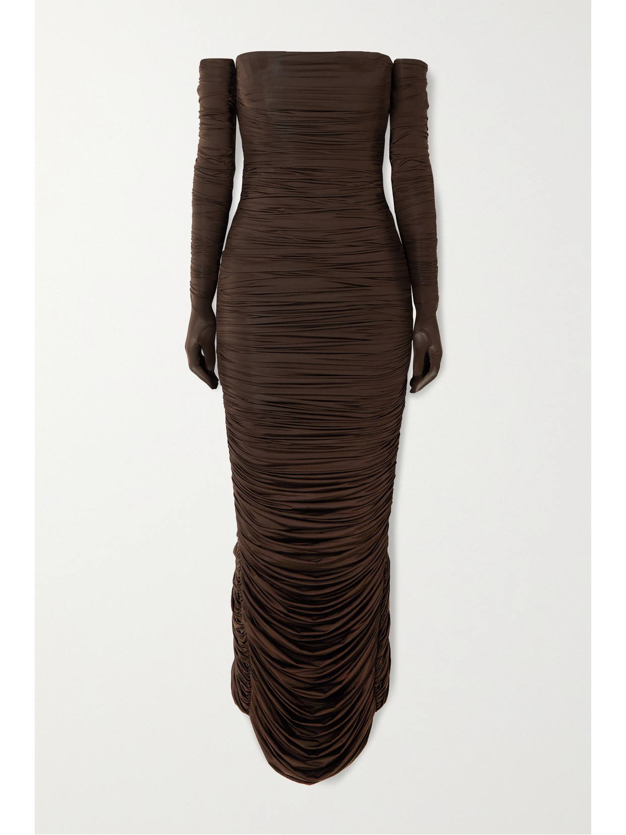 Alex Perry Huntley Strapless Ruched Stretch-jersey Gown With Gloves In Brown