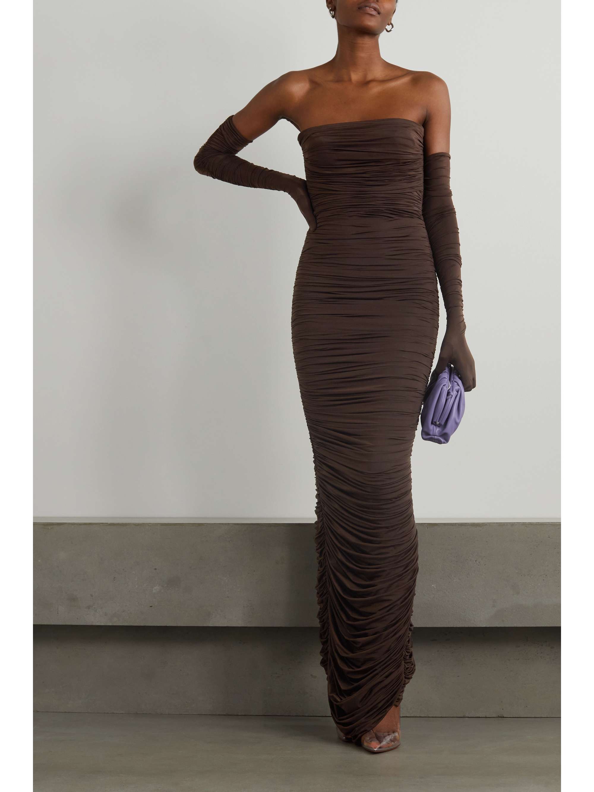 ALEX PERRY Huntley strapless ruched stretch-jersey gown with gloves