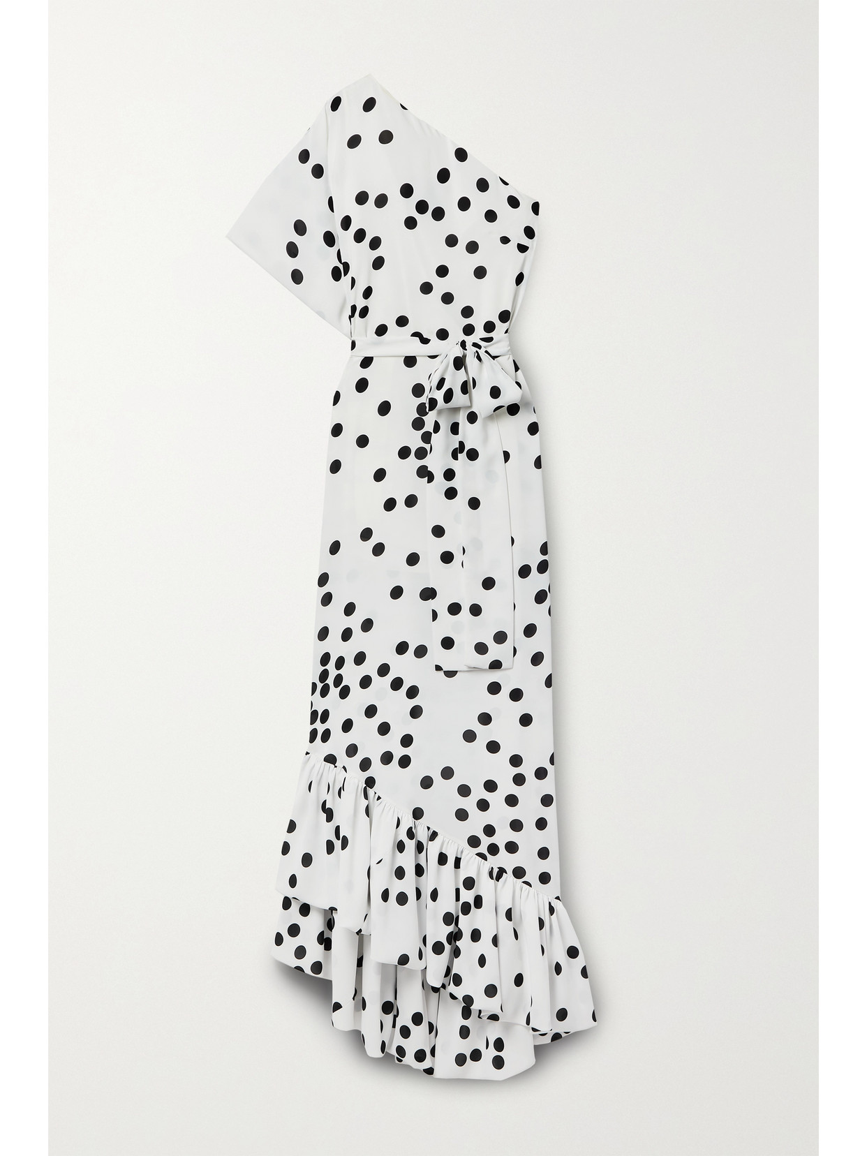 Monique Lhuillier One-shoulder Belted Ruffled Polka-dot Crepe Gown In White