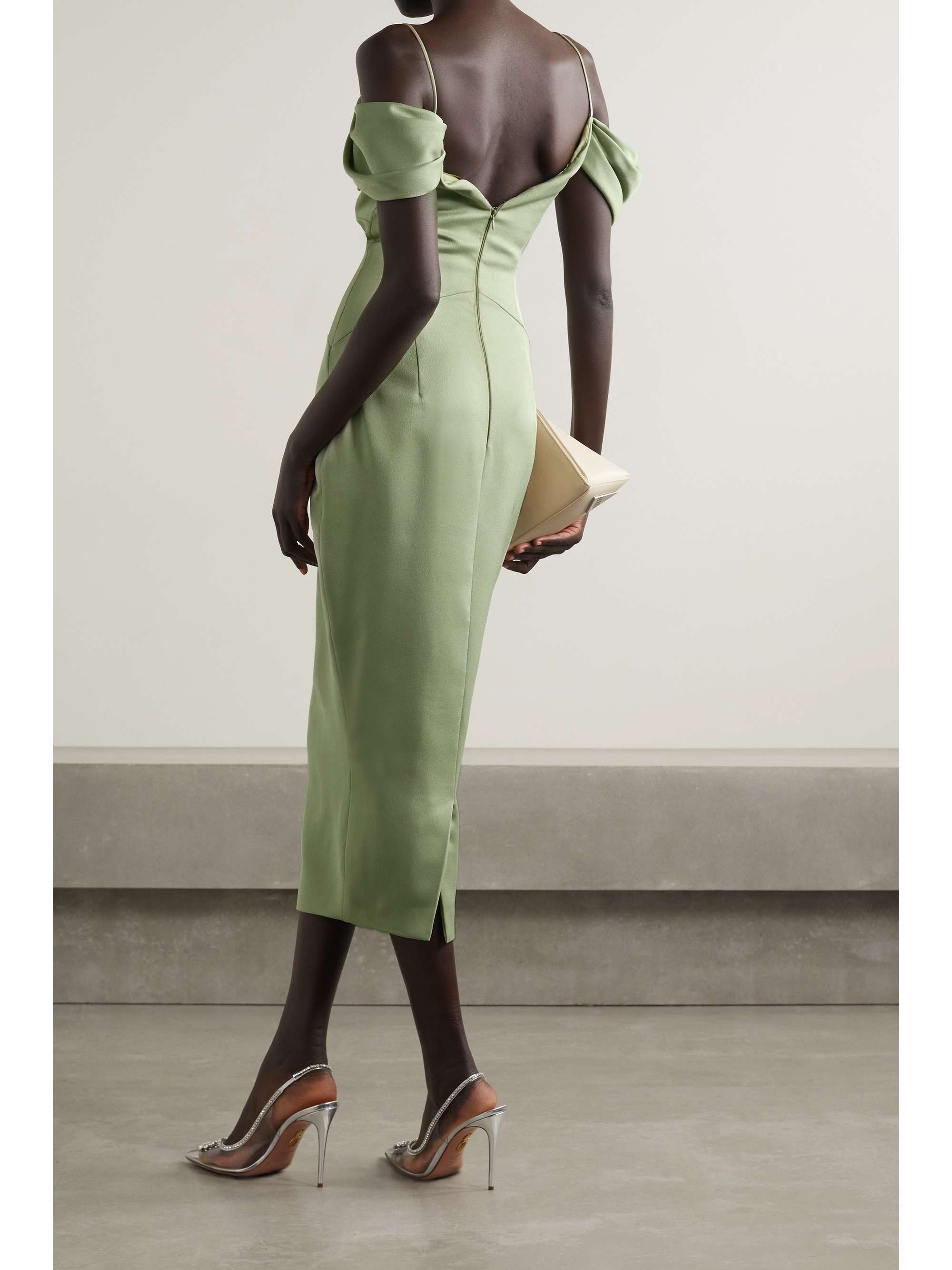 RASARIO Off-the-shoulder embellished lace-paneled satin-crepe midi dress