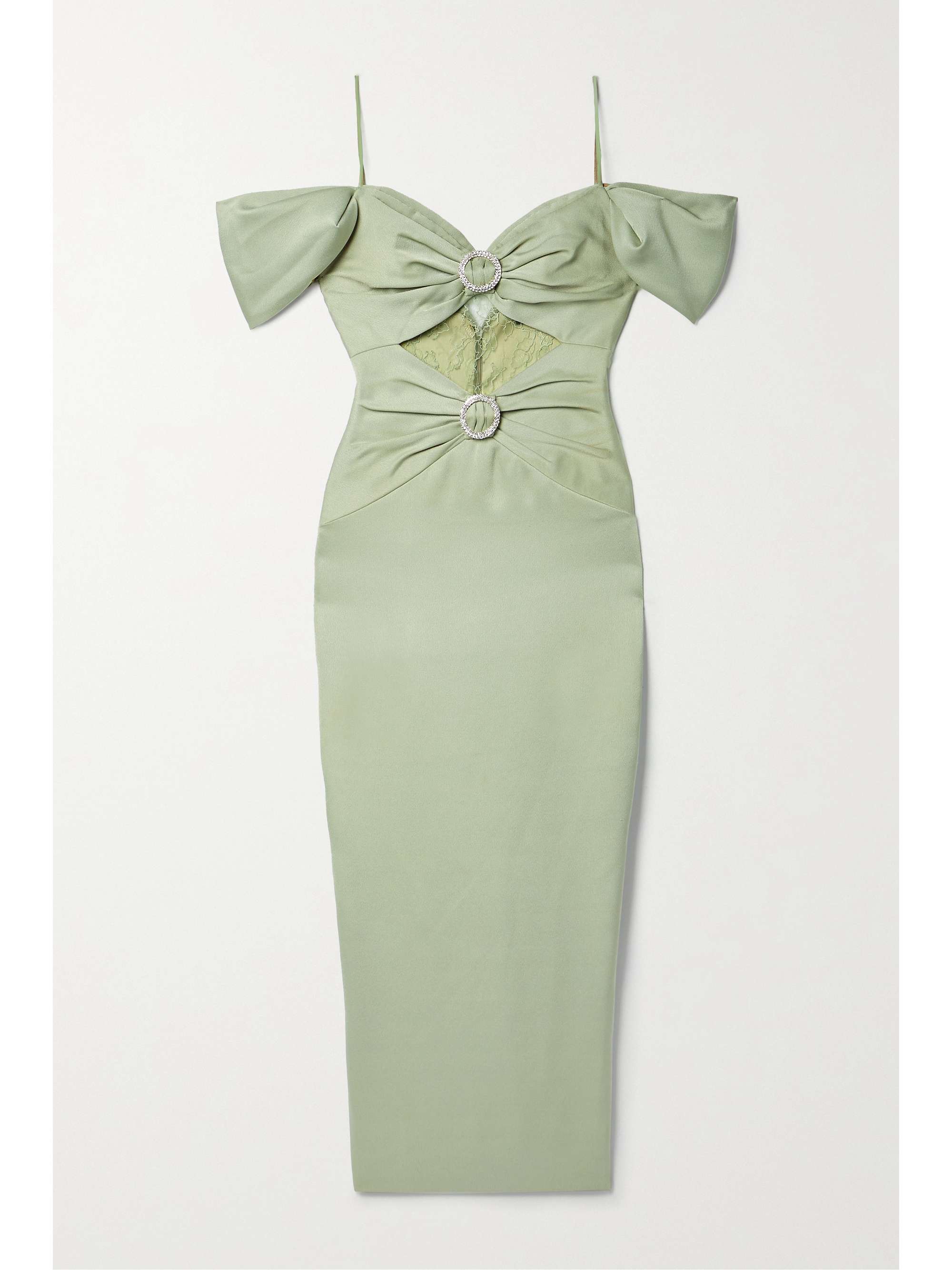 RASARIO Off-the-shoulder embellished lace-paneled satin-crepe midi dress