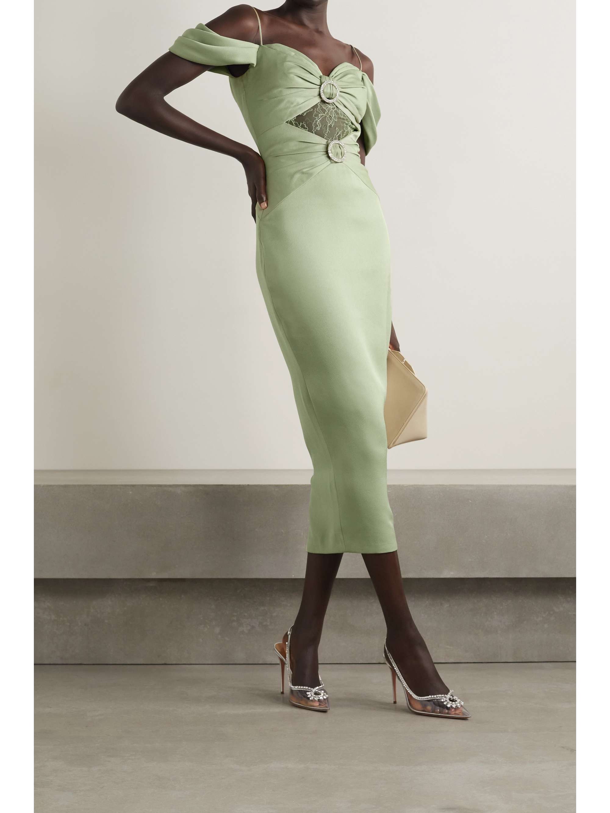 RASARIO Off-the-shoulder embellished lace-paneled satin-crepe midi dress