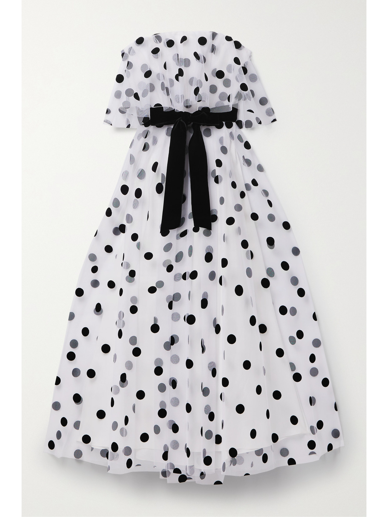 MONIQUE LHUILLIER STRAPLESS BELTED POLKA-DOT FLOCKED TULLE MIDI DRESS