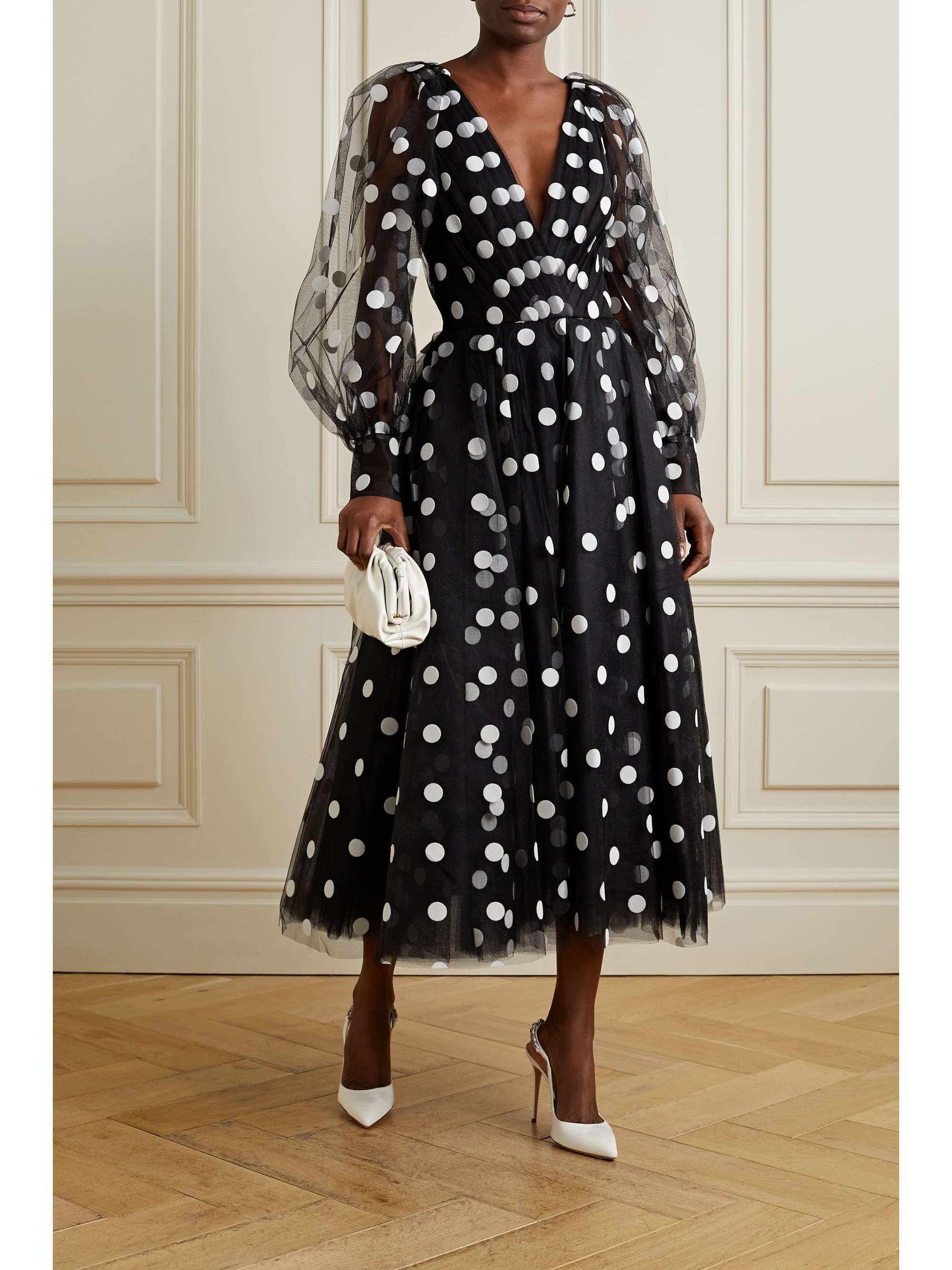 Black Polka-dot flocked tulle midi ...