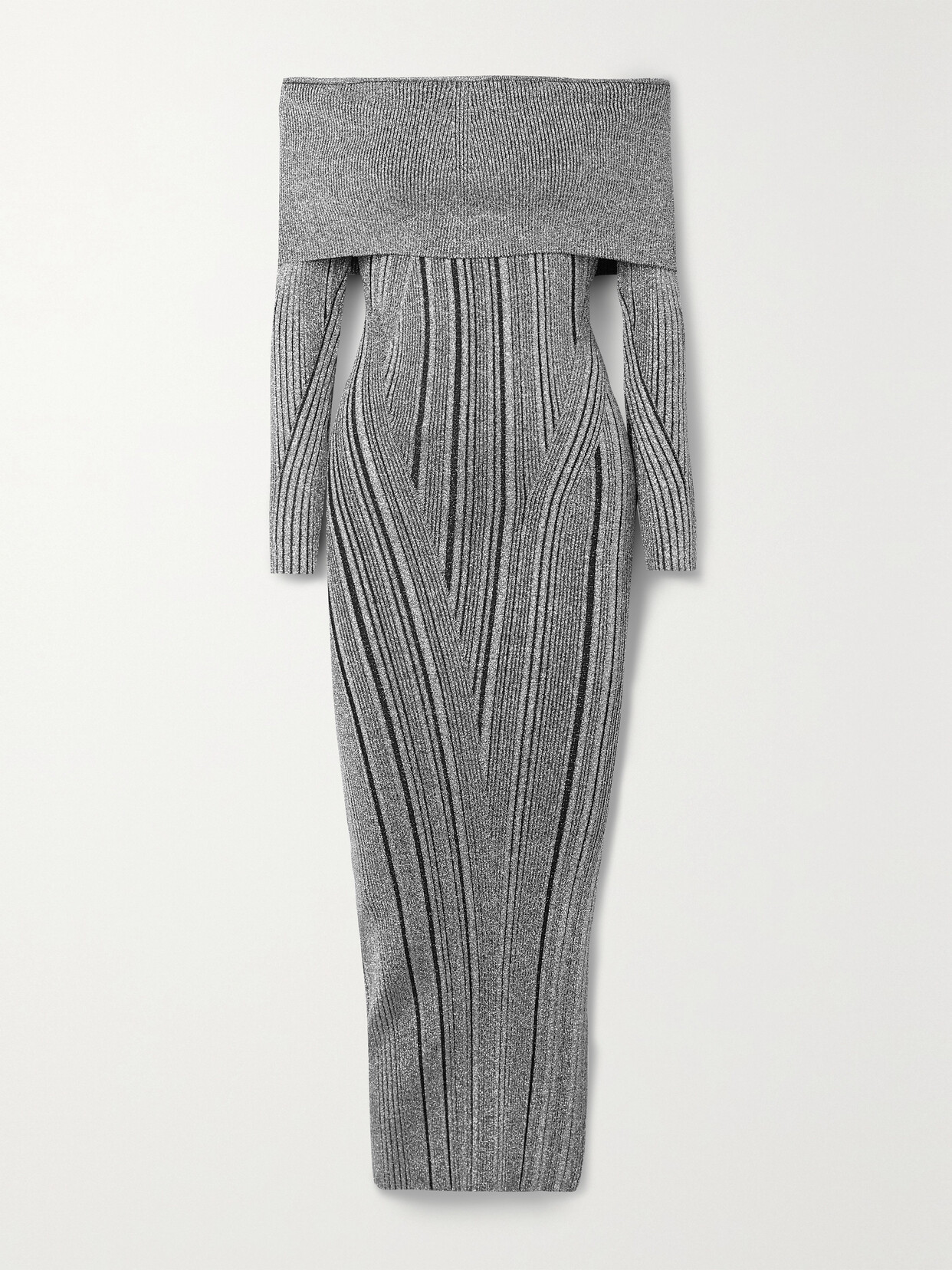 Herve Leger Off-the-shoulder Ribbed Metallic Stretch-knit Midi Dress In Black