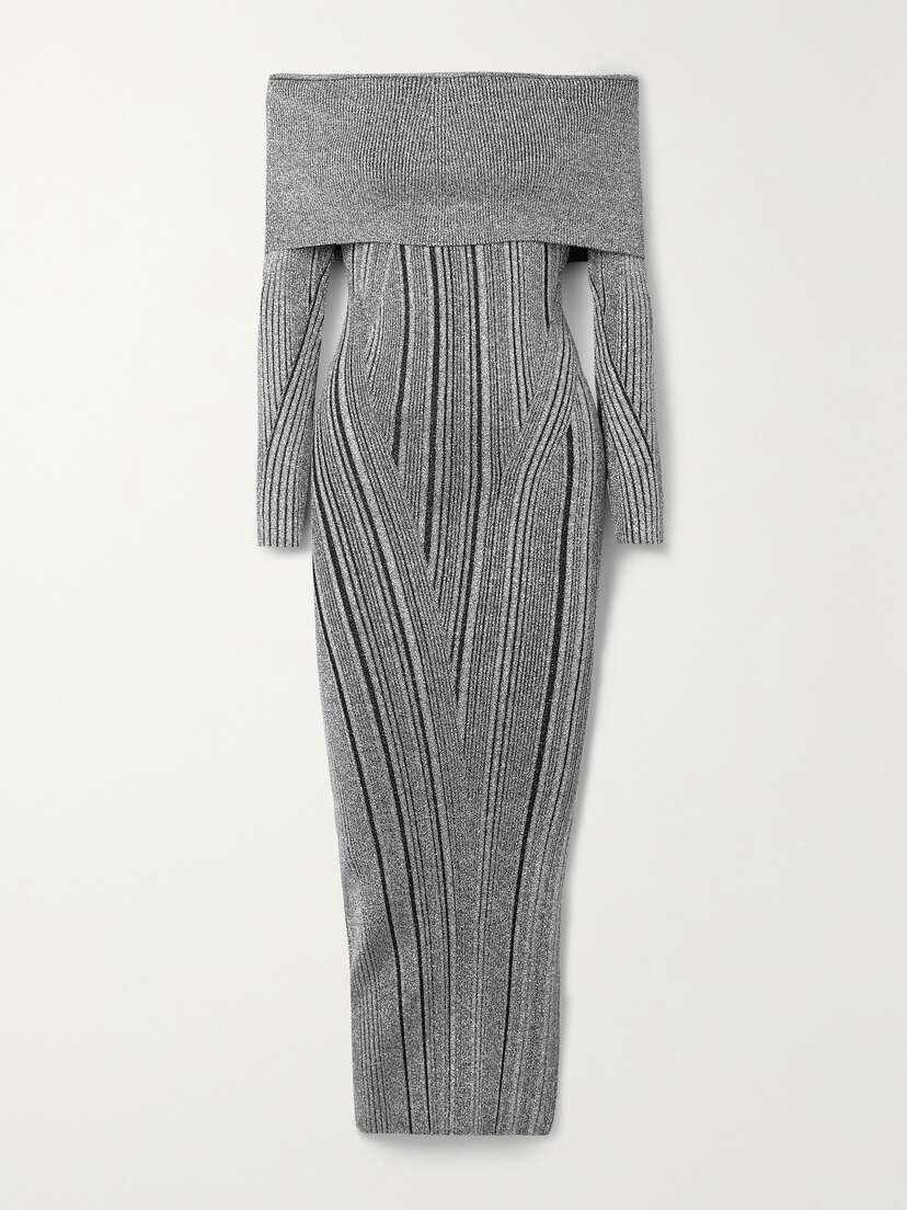 HERVÉ LÉGER Off-the-shoulder Ribbed Metallic Stretch-knit Midi Dress