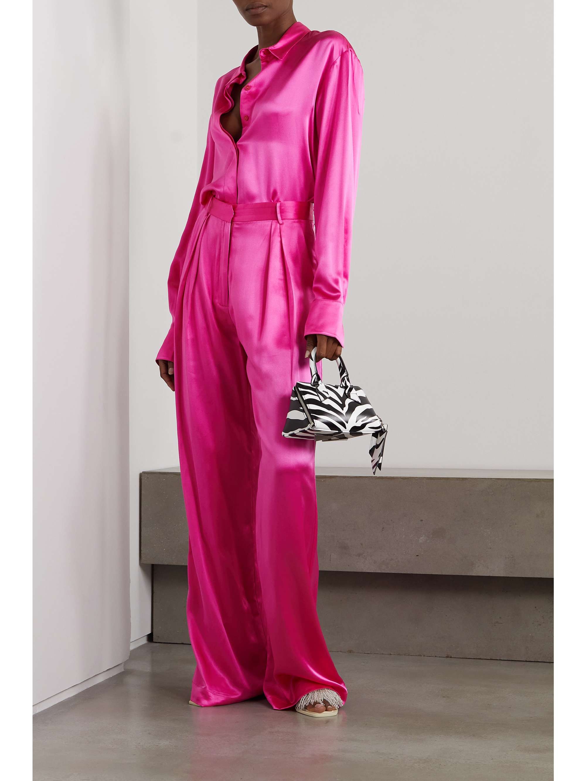 Pink Pleated silk-satin wide-leg pants 