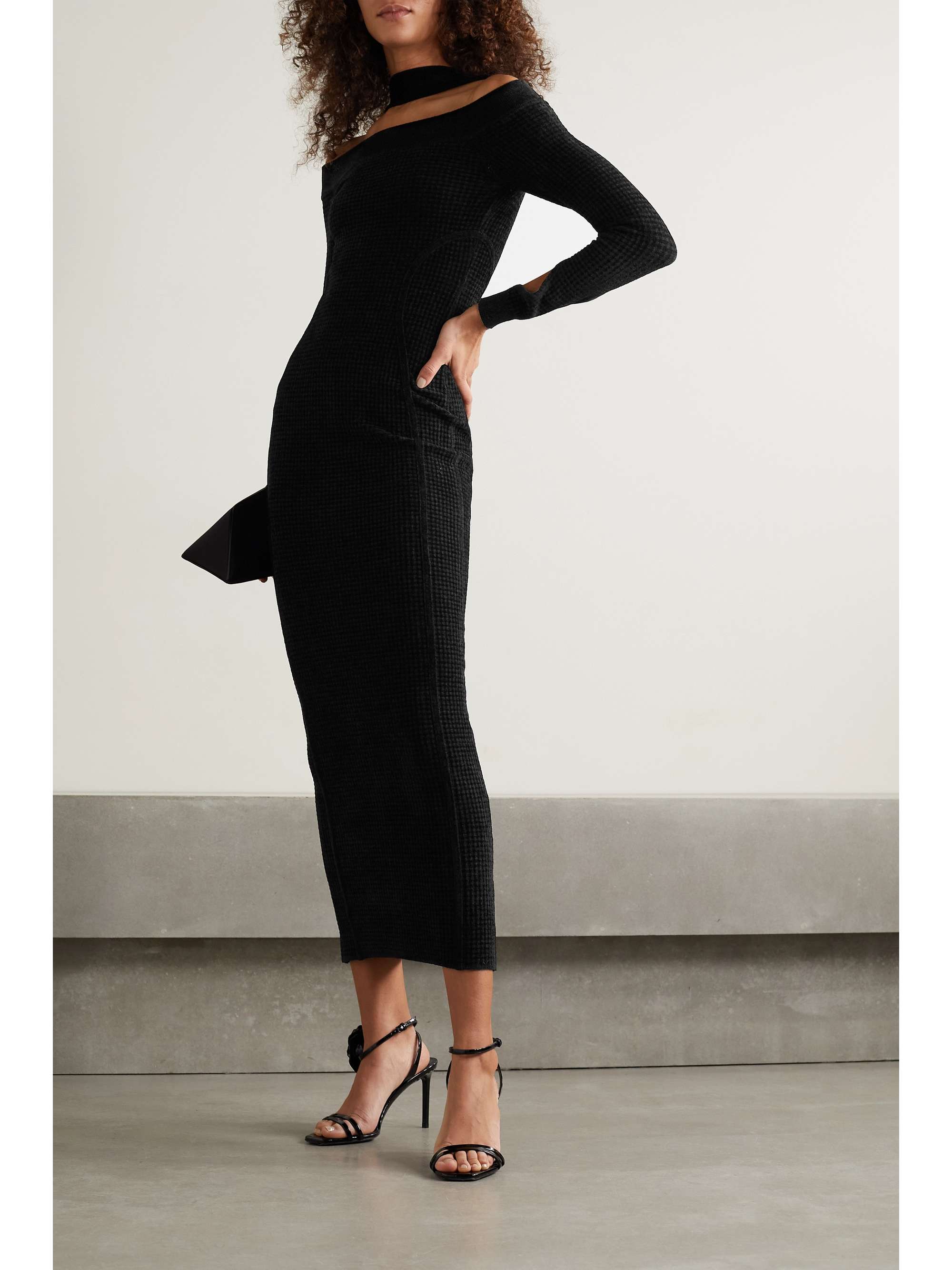 Black Cutout waffleknit velvet gown HERVÉ LÉGER NETAPORTER