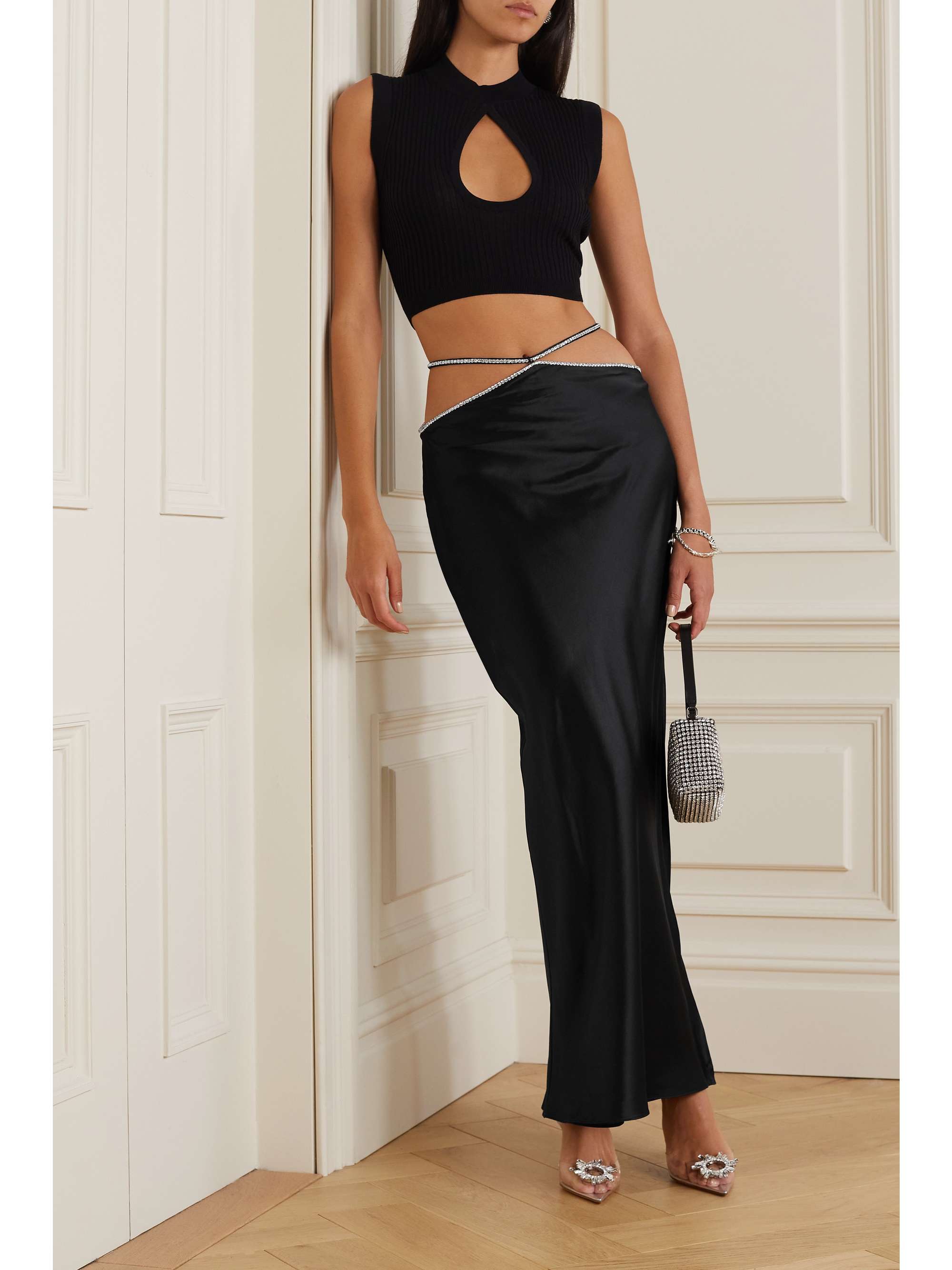 Crystaline crystal-embellished cutout silk-satin maxi skirt