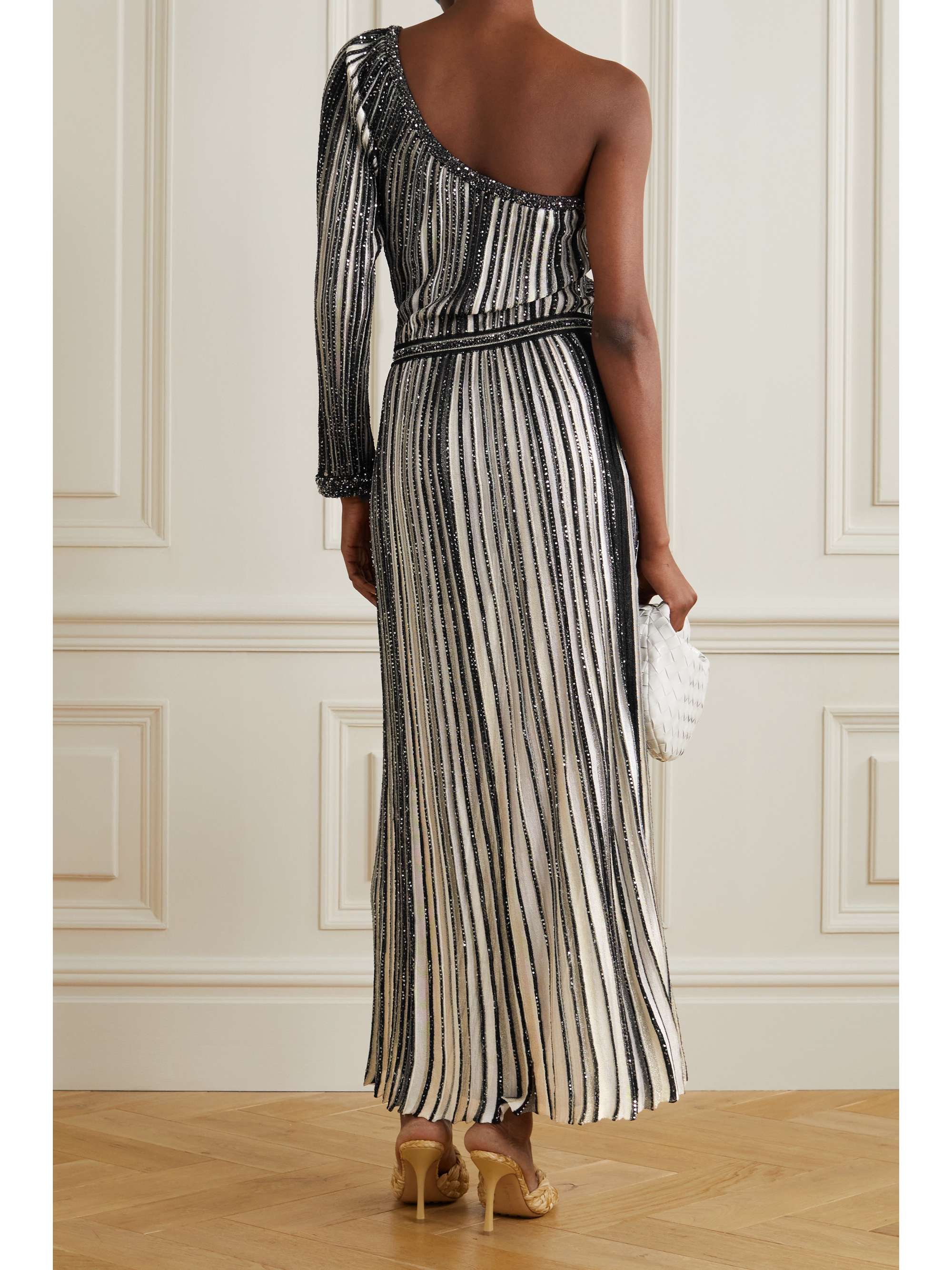 Black Onesleeve sequinembellished striped crochetknit maxi dress