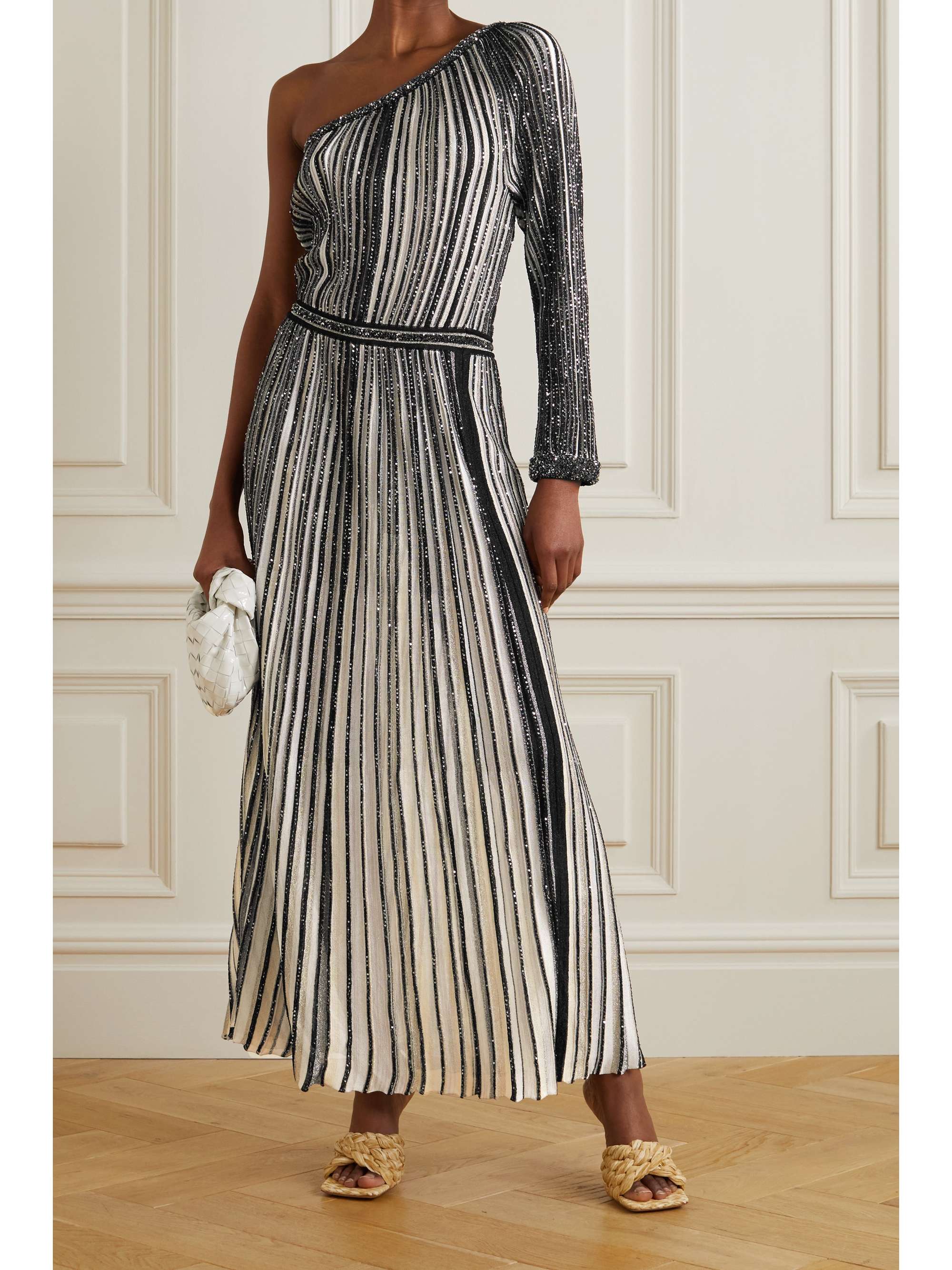 Black One sleeve Sequin embellished Striped Crochet knit Maxi Dress 