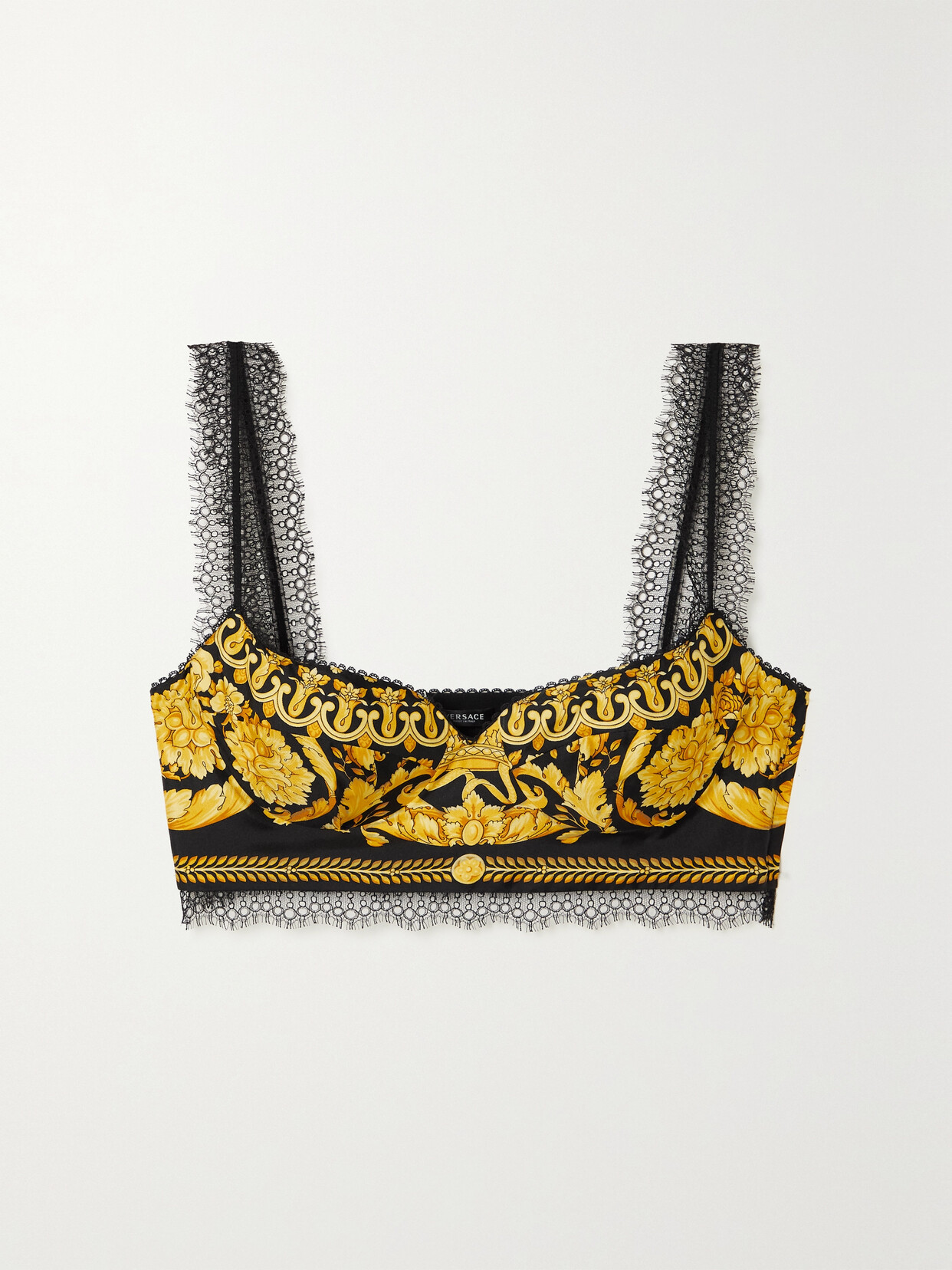 Versace Lace-trimmed Printed Silk-twill Bralette In Black
