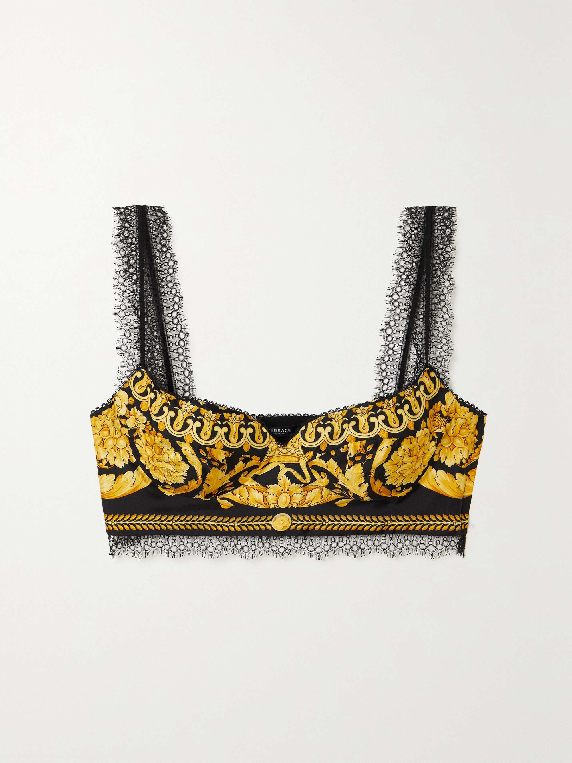 Black Lace-trimmed printed silk-twill bralette | VERSACE | NET-A-PORTER