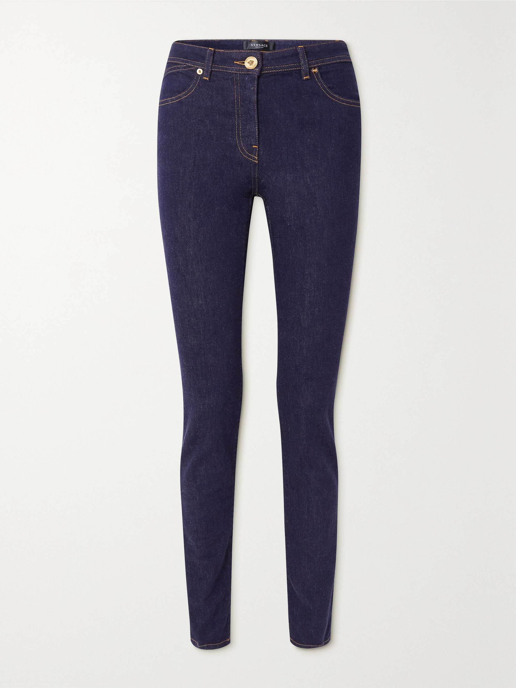 Versace printed stretch denim straight leg jeans net a porter