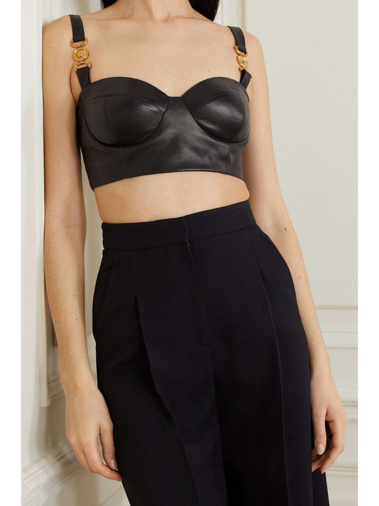 Icons Embellished Jersey-Panel Leather Bustier Top
