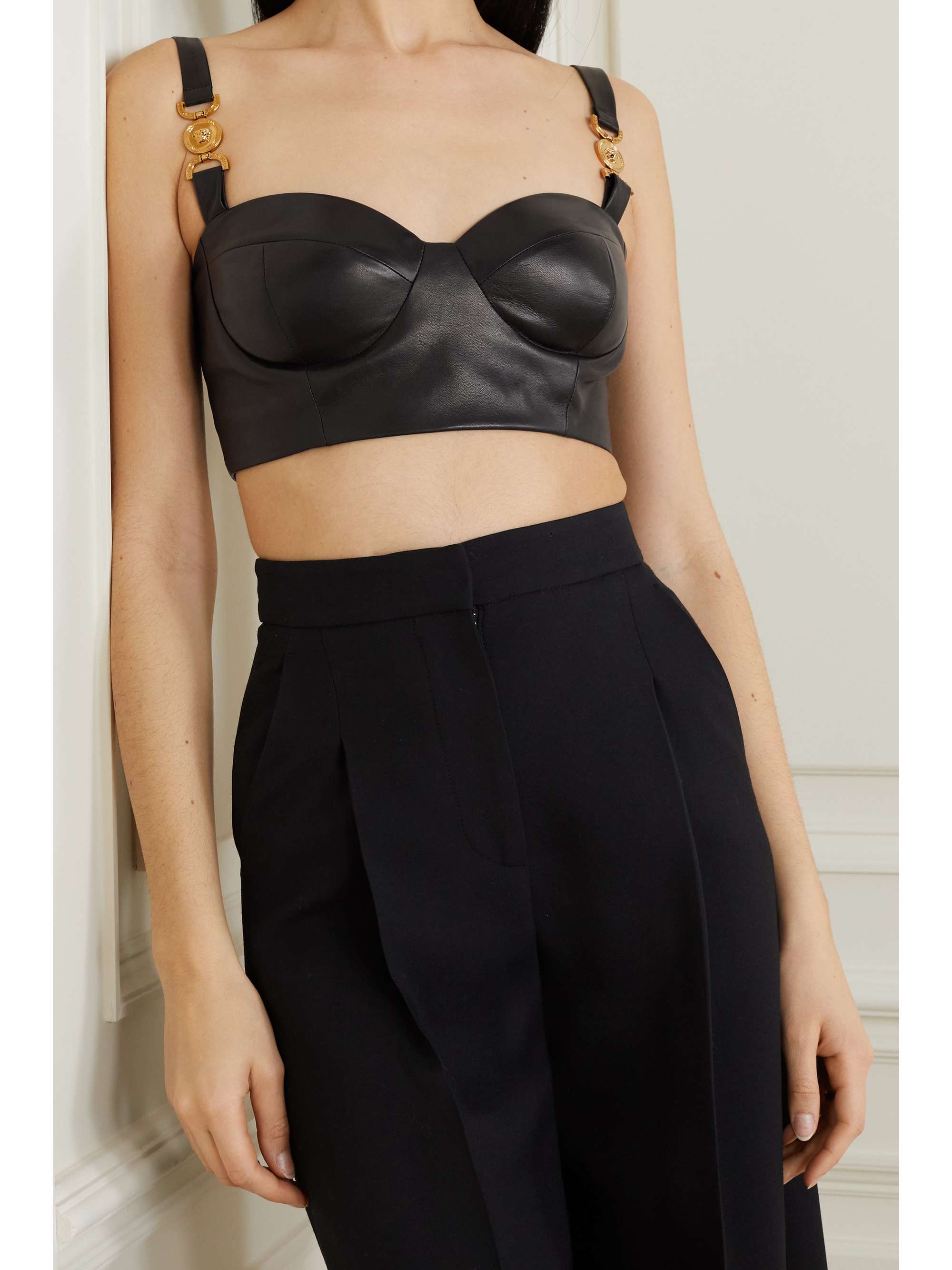 VERSACE Embellished jersey-panel leather bustier top