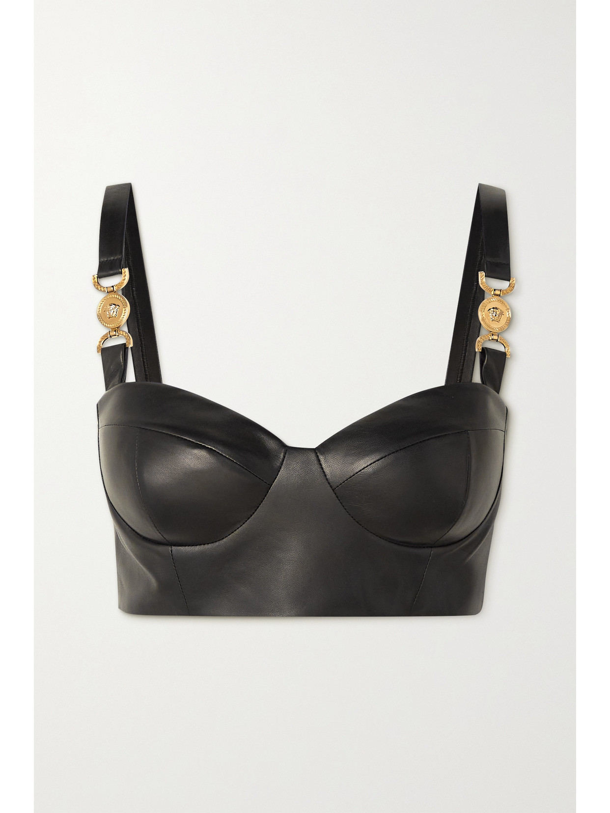 Versace Embellished Jersey-paneled Leather Bustier Top In Black