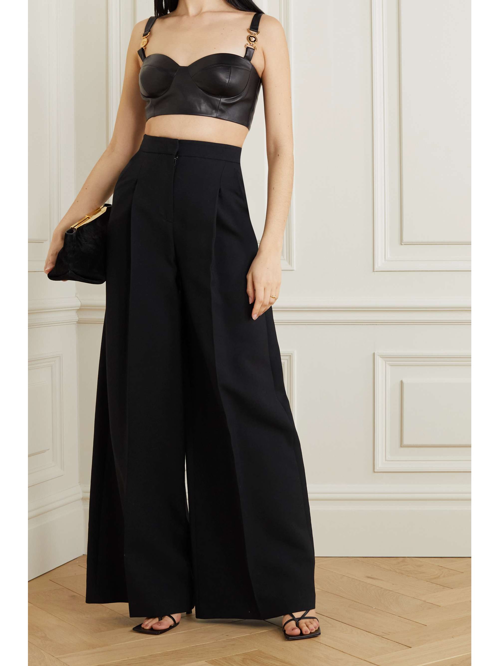 VERSACE Embellished jersey-panel leather bustier top