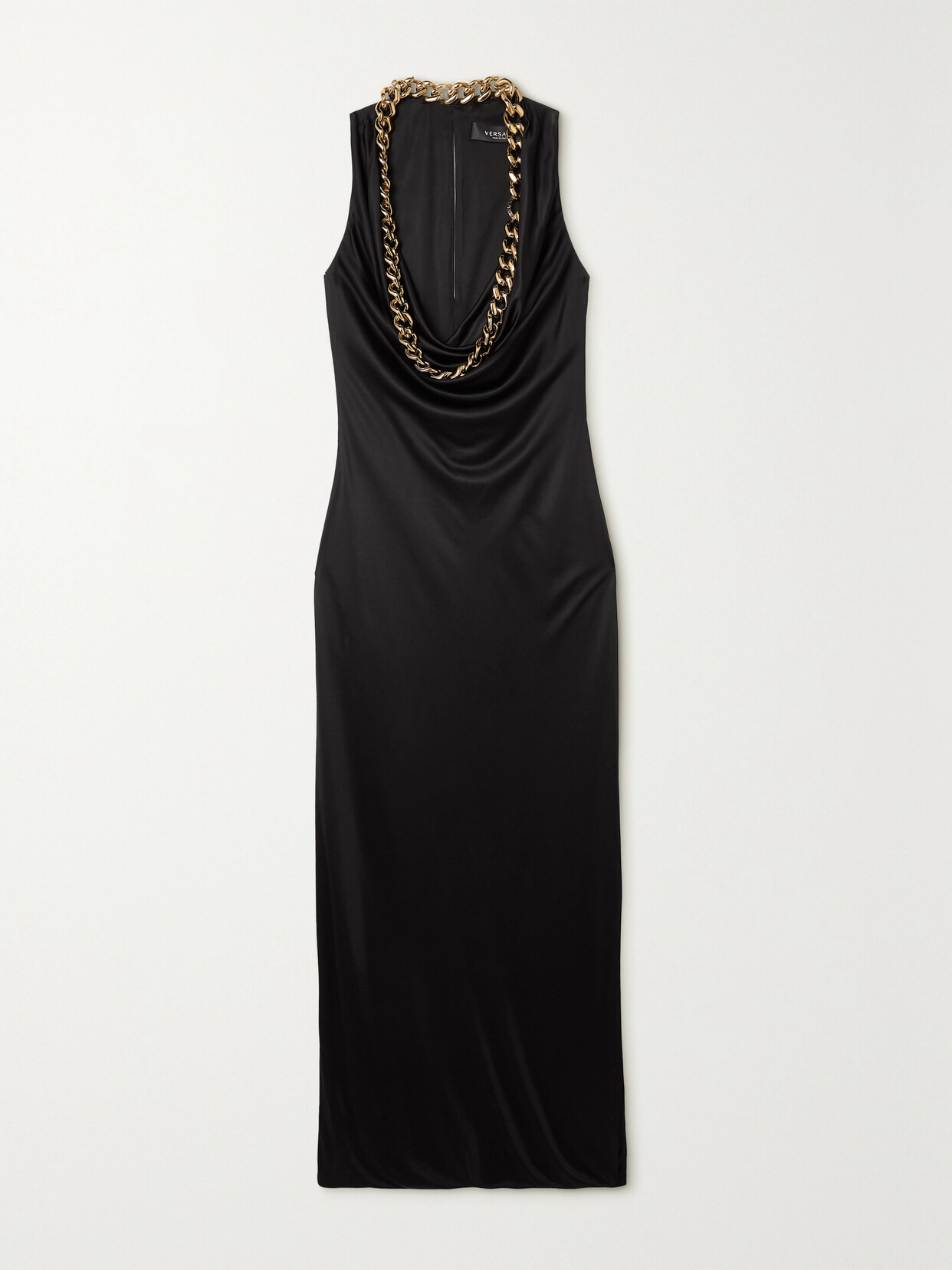 Versace Cutout Chain-embellished Satin Maxi Dress In Black