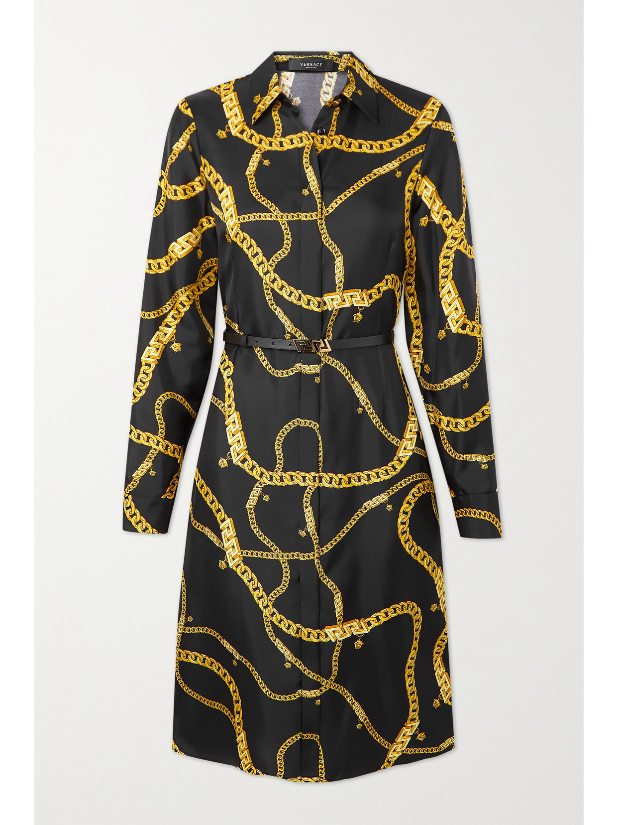 Versace Belted Printed Silk-twill Shirt Dress In Black | ModeSens