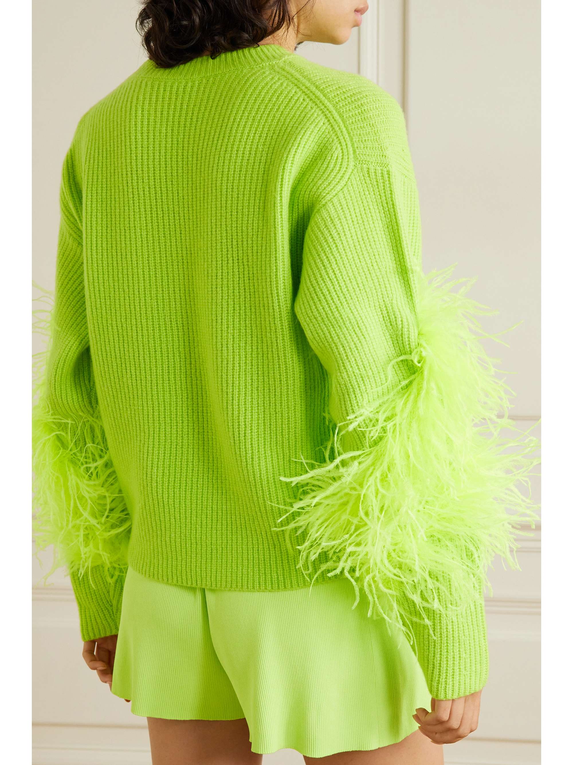Lime green Feather-trimmed ribbed silk 