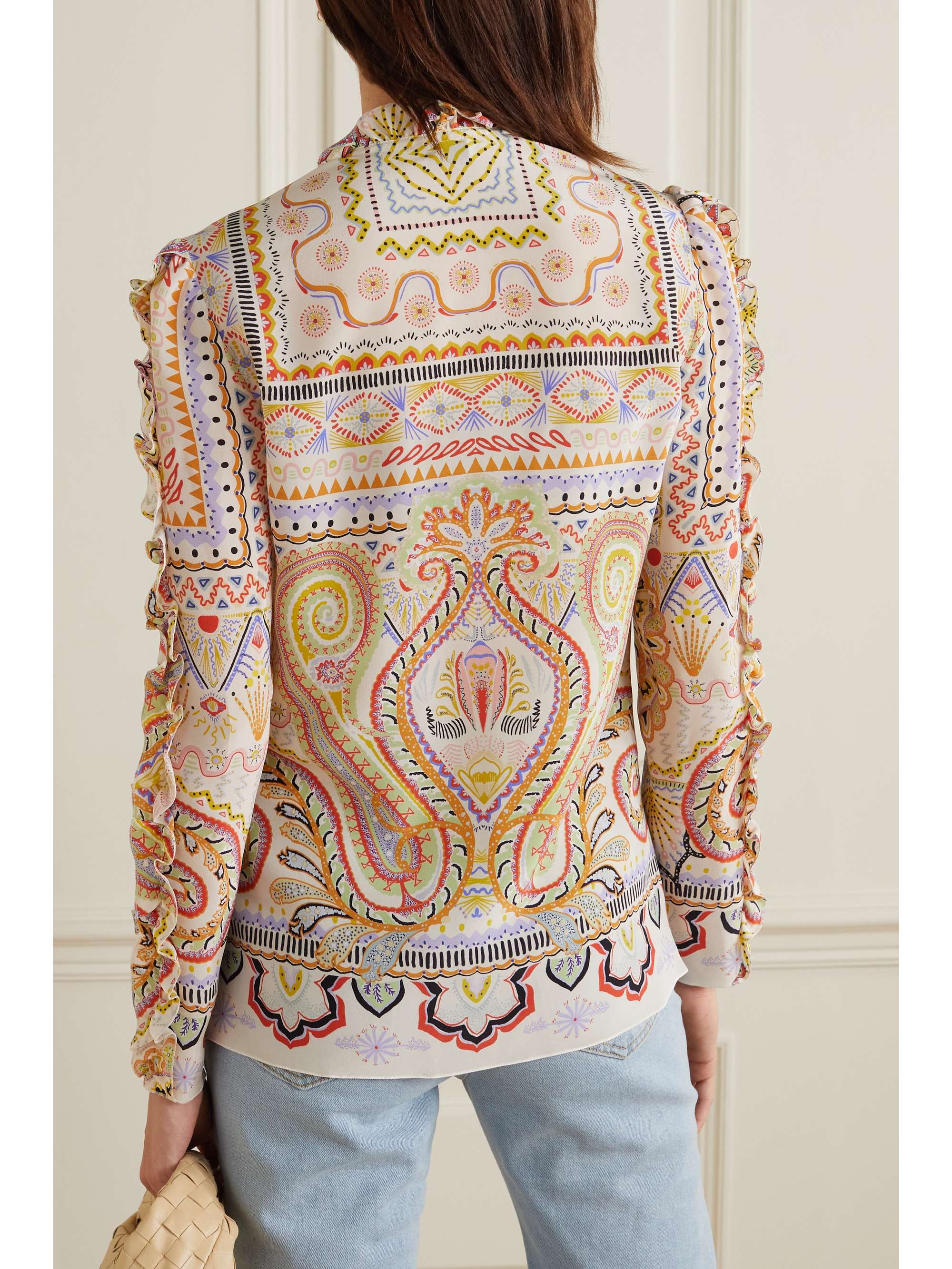 White Ruffled printed silk blouse 