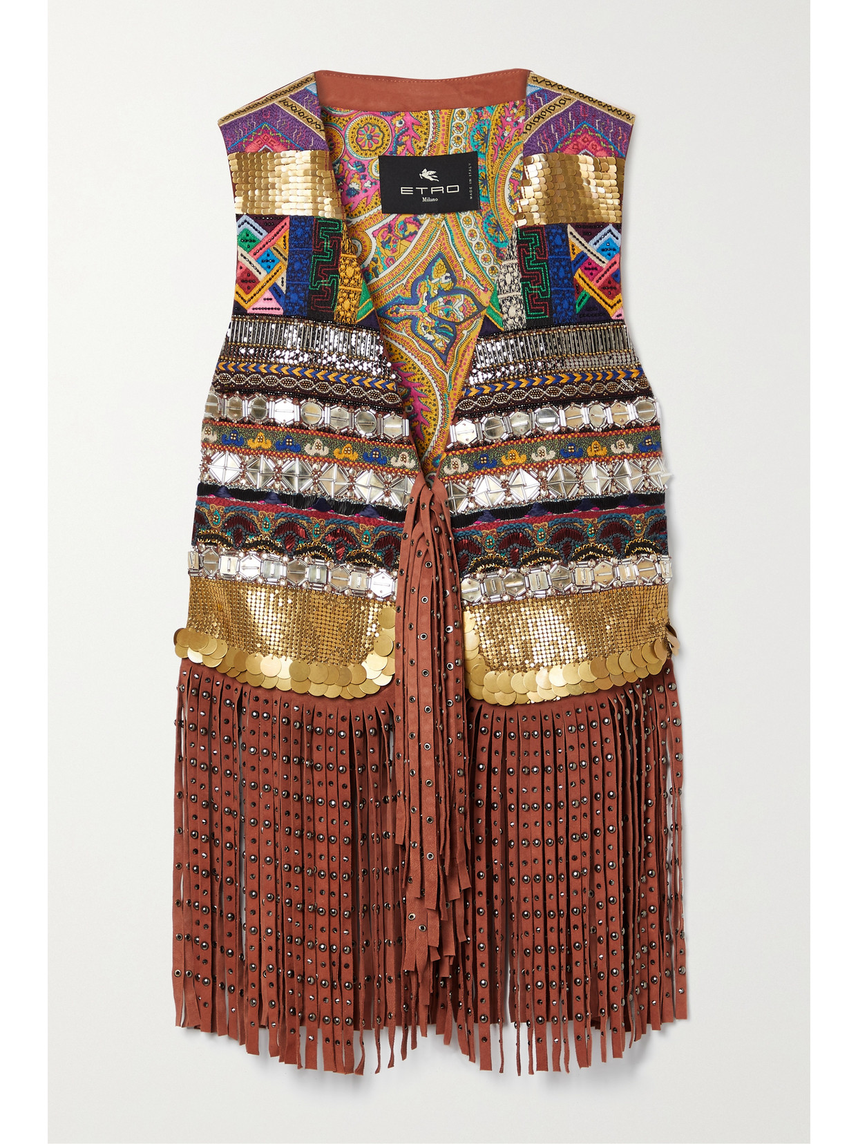 Etro Embellished Fringed Suede And Cotton-voile Vest In Brown
